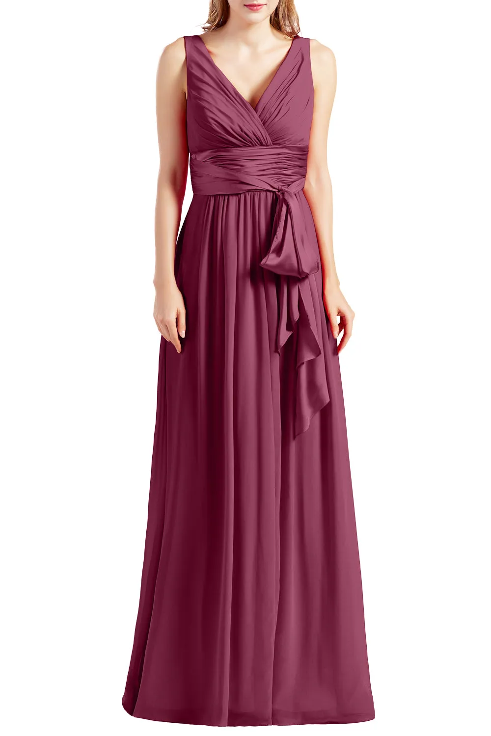 MACloth Women Sleeveless V Neck Long Bridesmaid Dress Chiffon Prom Evening Gown