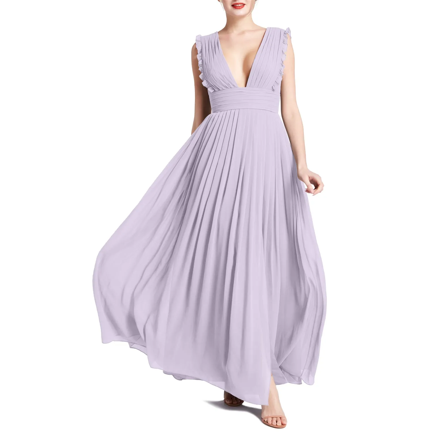 MACloth Women V Neck Ruffle Long Pleated Wedding Party Bridesmaid Dresses