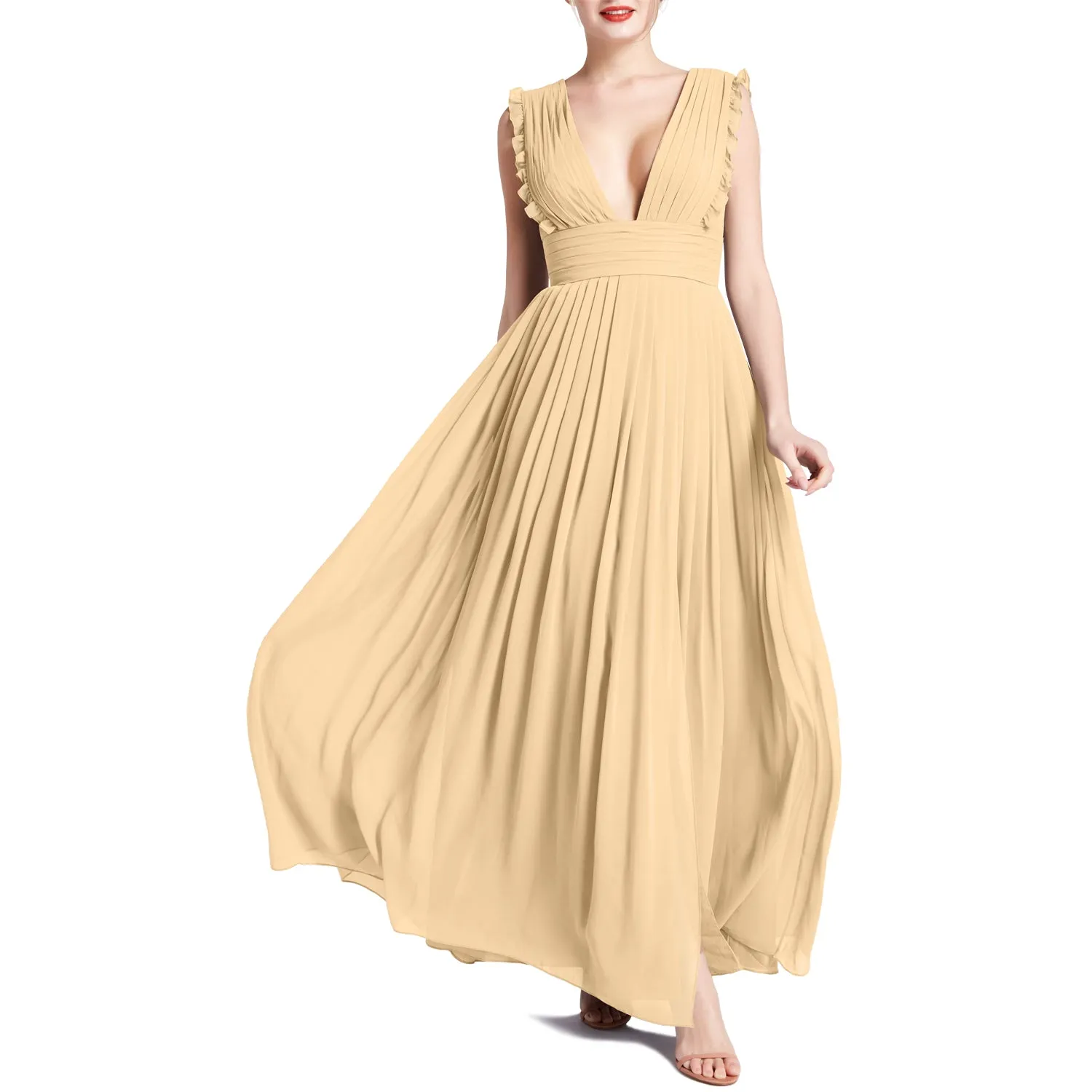 MACloth Women V Neck Ruffle Long Pleated Wedding Party Bridesmaid Dresses