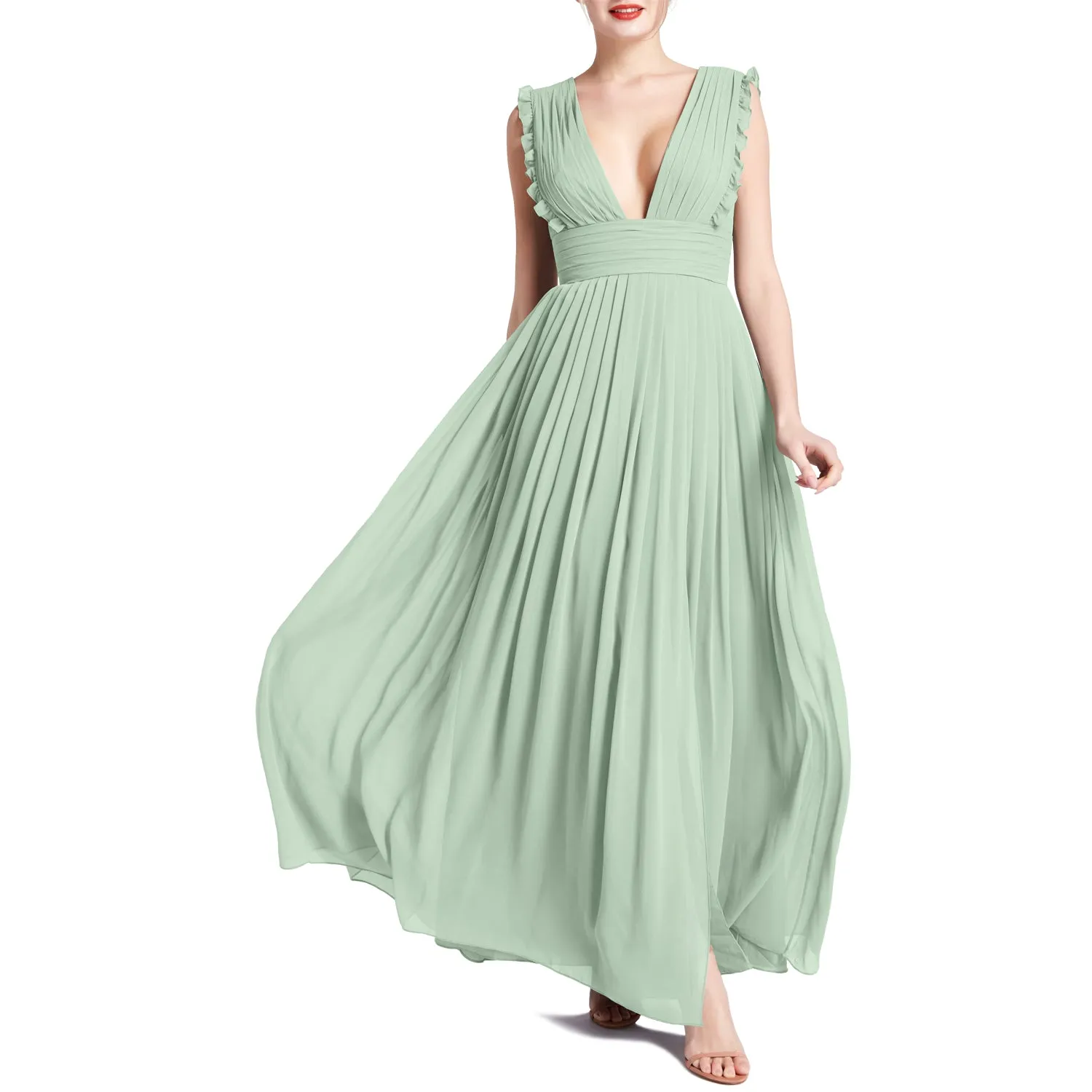 MACloth Women V Neck Ruffle Long Pleated Wedding Party Bridesmaid Dresses