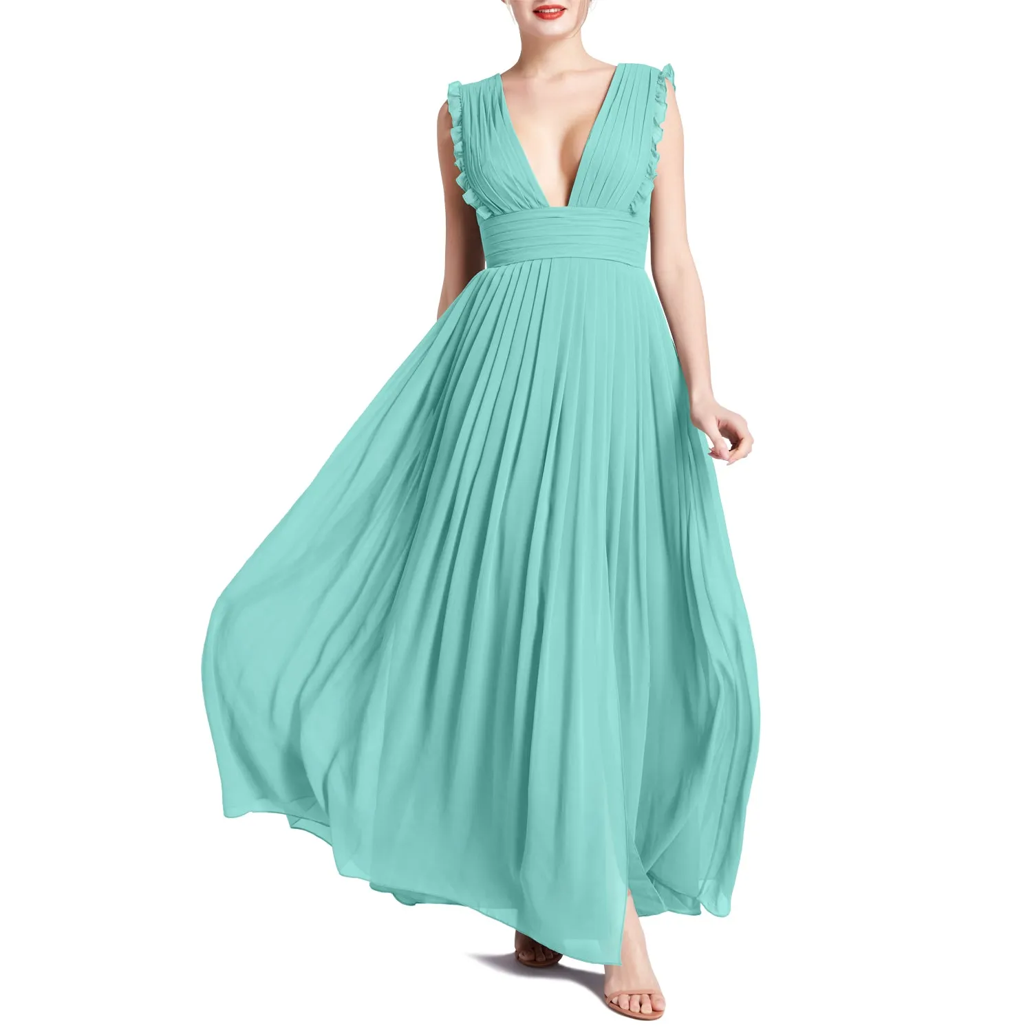 MACloth Women V Neck Ruffle Long Pleated Wedding Party Bridesmaid Dresses