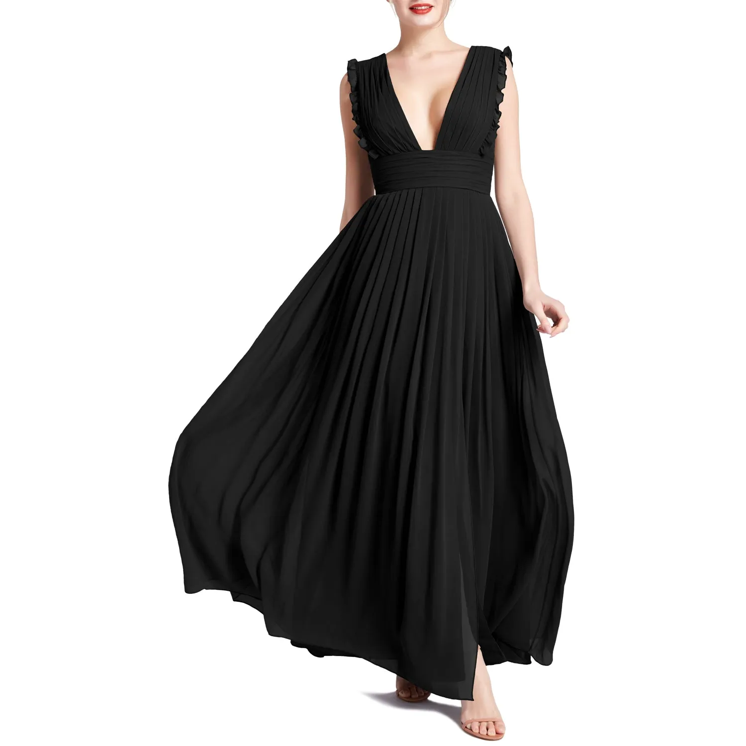 MACloth Women V Neck Ruffle Long Pleated Wedding Party Bridesmaid Dresses