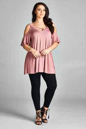 Mauve Crisscross Cold Shoulder Flutter Sleeve