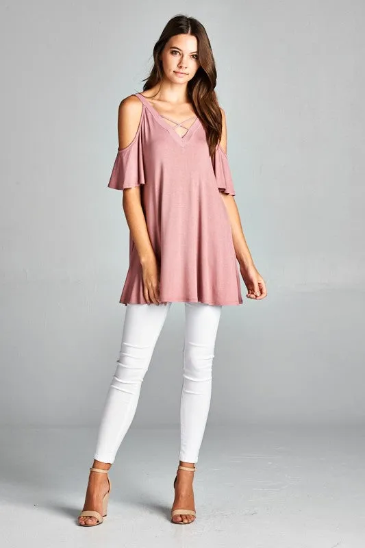 Mauve Crisscross Cold Shoulder Flutter Sleeve