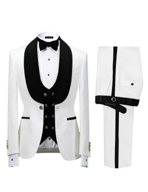 Men's Floral Tuxedo Suits Luxury Embroide Regular Fit Suit 3 Piece Set Wedding Blazer Dinner Tuxedo for Party Plus Size 52 White-Black