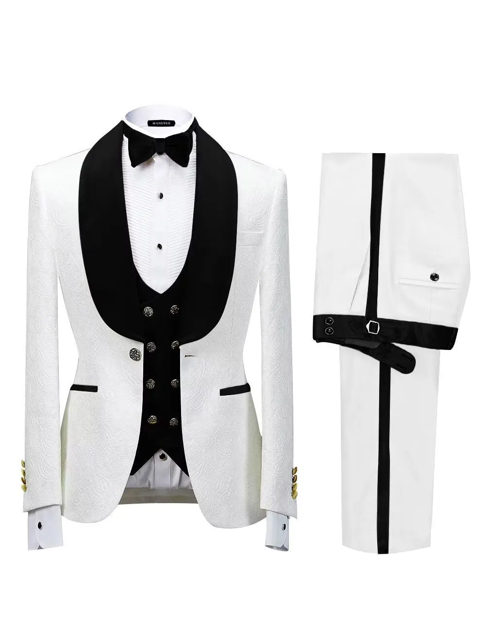 Men's Floral Tuxedo Suits Luxury Embroide Regular Fit Suit 3 Piece Set Wedding Blazer Dinner Tuxedo for Party Plus Size 52 White-Black