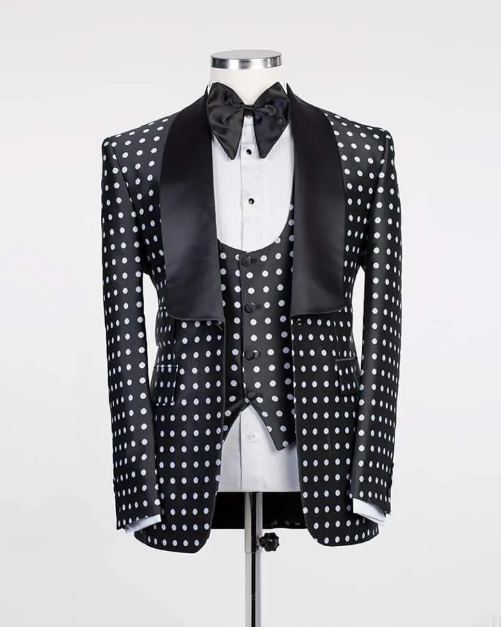 Men's One Button Black Polka Tuxedo(Jacket Pants Vest Tie) Up To 5XL