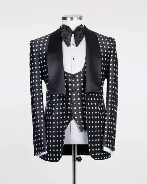 Men's One Button Black Polka Tuxedo(Jacket Pants Vest Tie) Up To 5XL