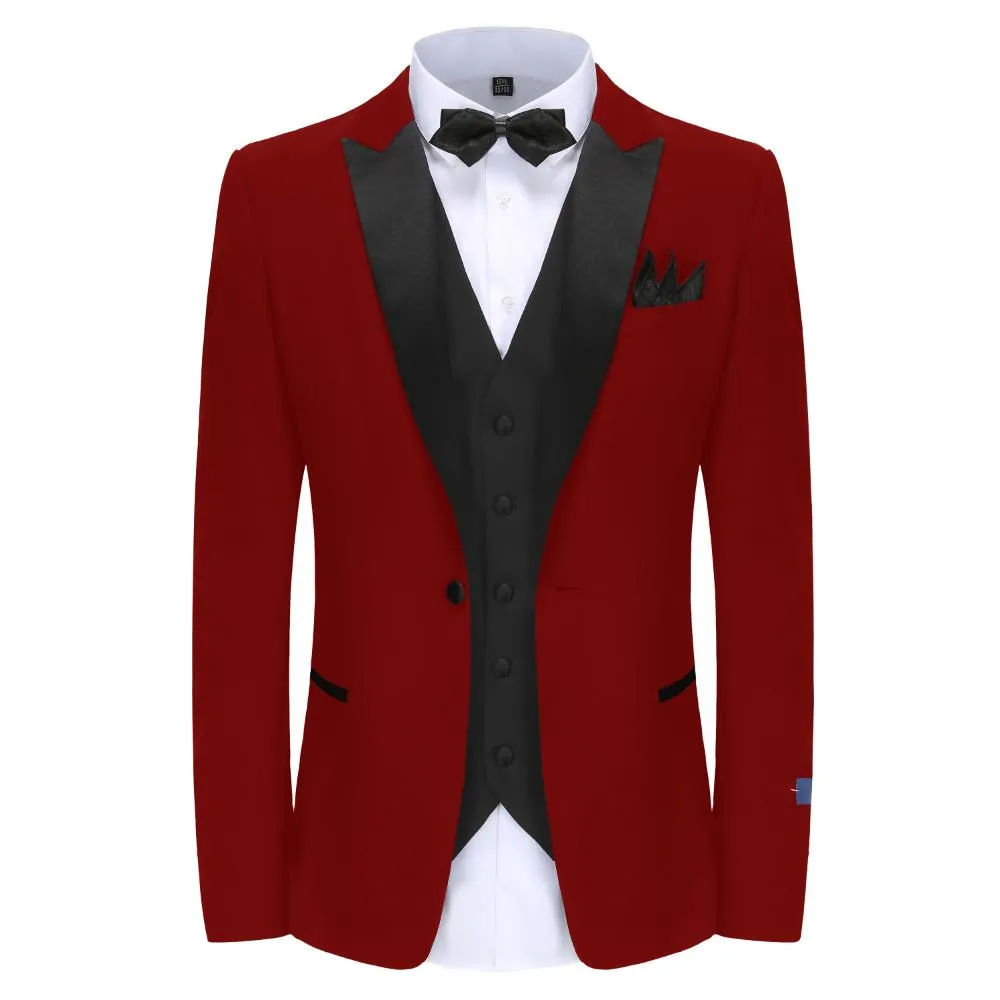Men's Slim-Fit 3PC Satin Peak Lapel Tuxedo (RED, IVORY)