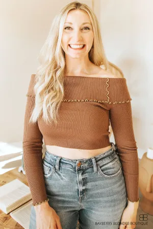 Merrow Detail Off the Shoulder Crop Top-L/S Dk Taupe