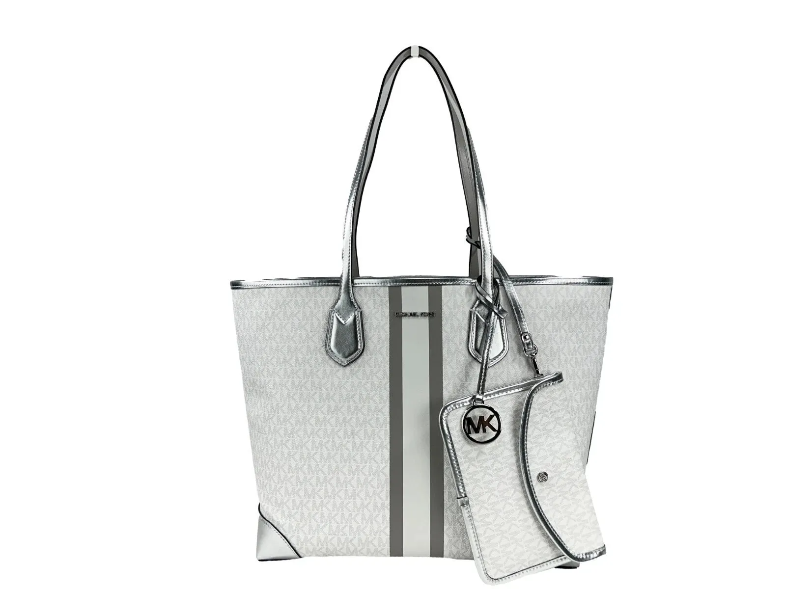 Michael Kors Eva Large Stripe Travel Tote Bag Plus Pouch White