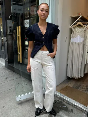 Mid Rise Workwear Jean in Distressed Vintage White