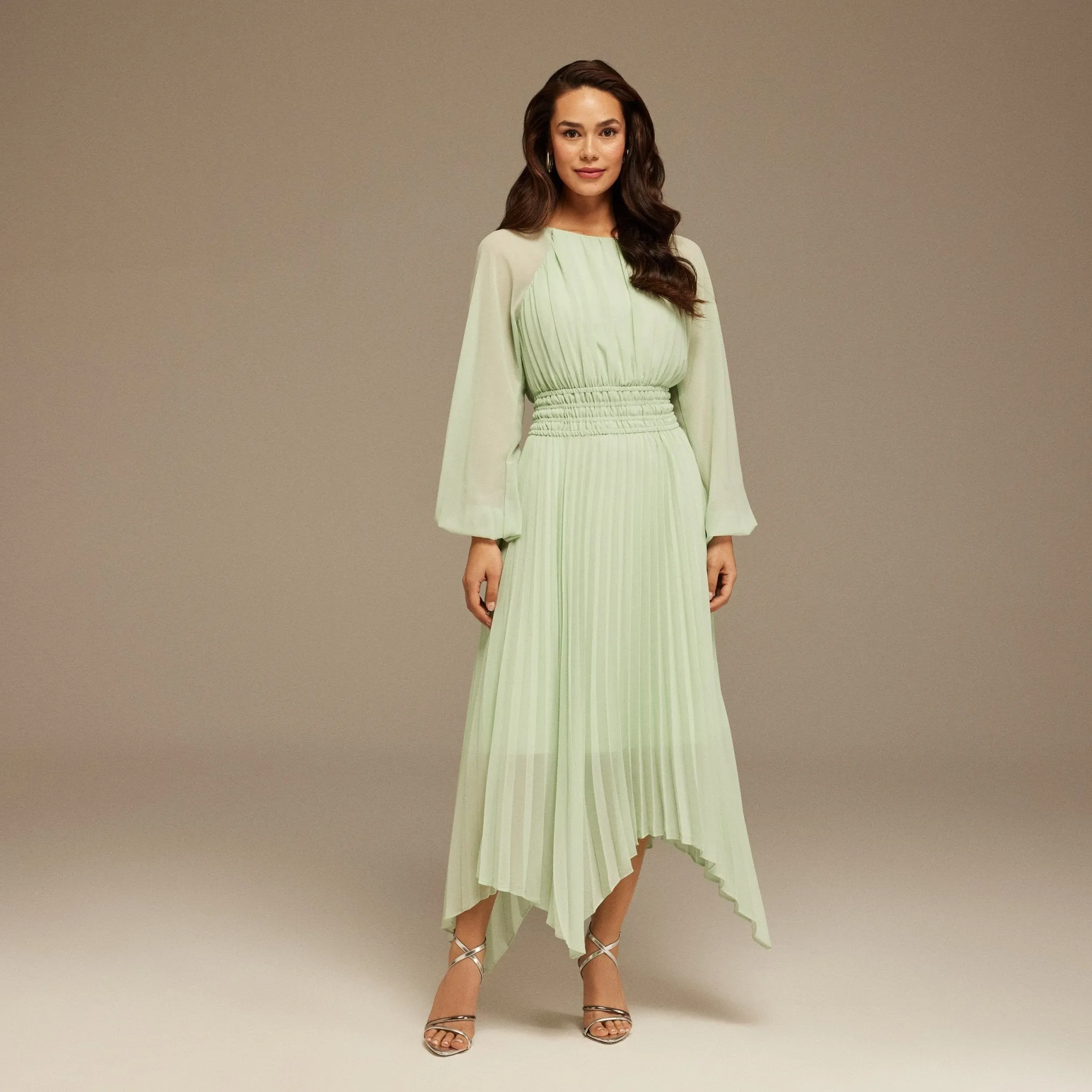Mint Green Ruched top long sleeve Chiffon Midi Dress