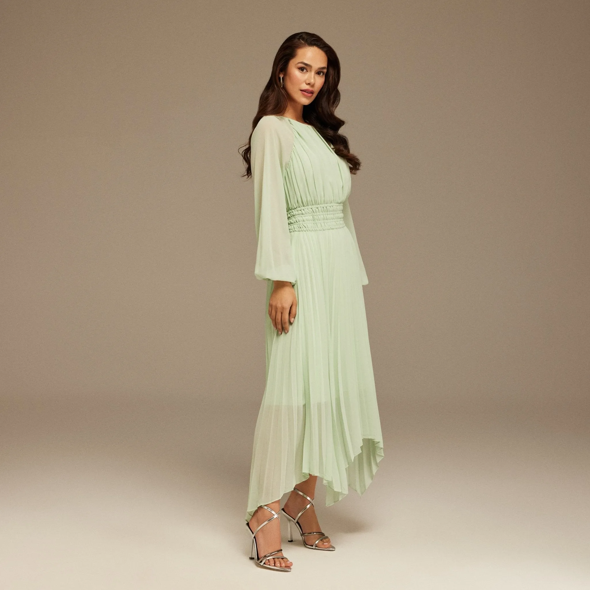 Mint Green Ruched top long sleeve Chiffon Midi Dress