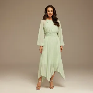 Mint Green Ruched top long sleeve Chiffon Midi Dress