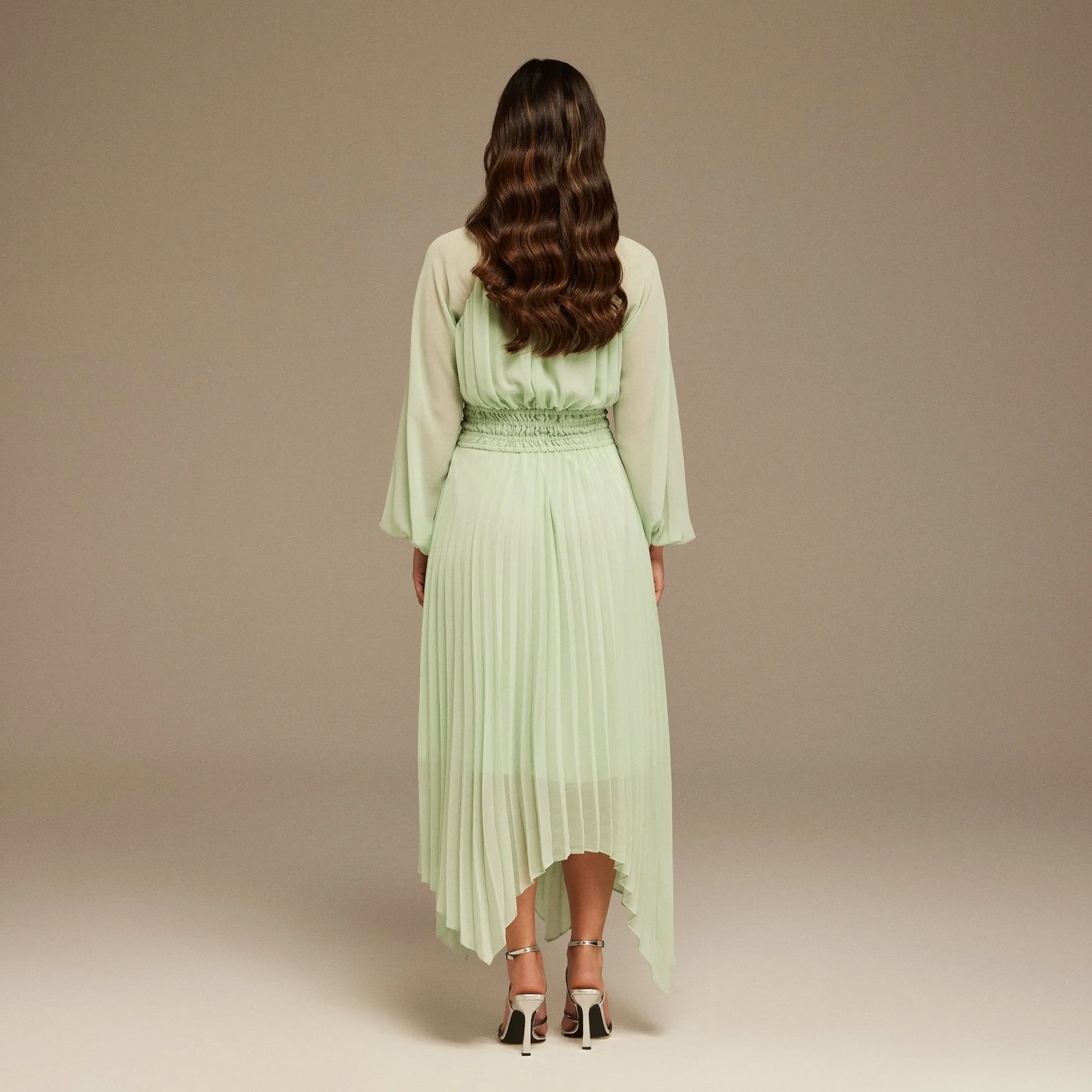 Mint Green Ruched top long sleeve Chiffon Midi Dress
