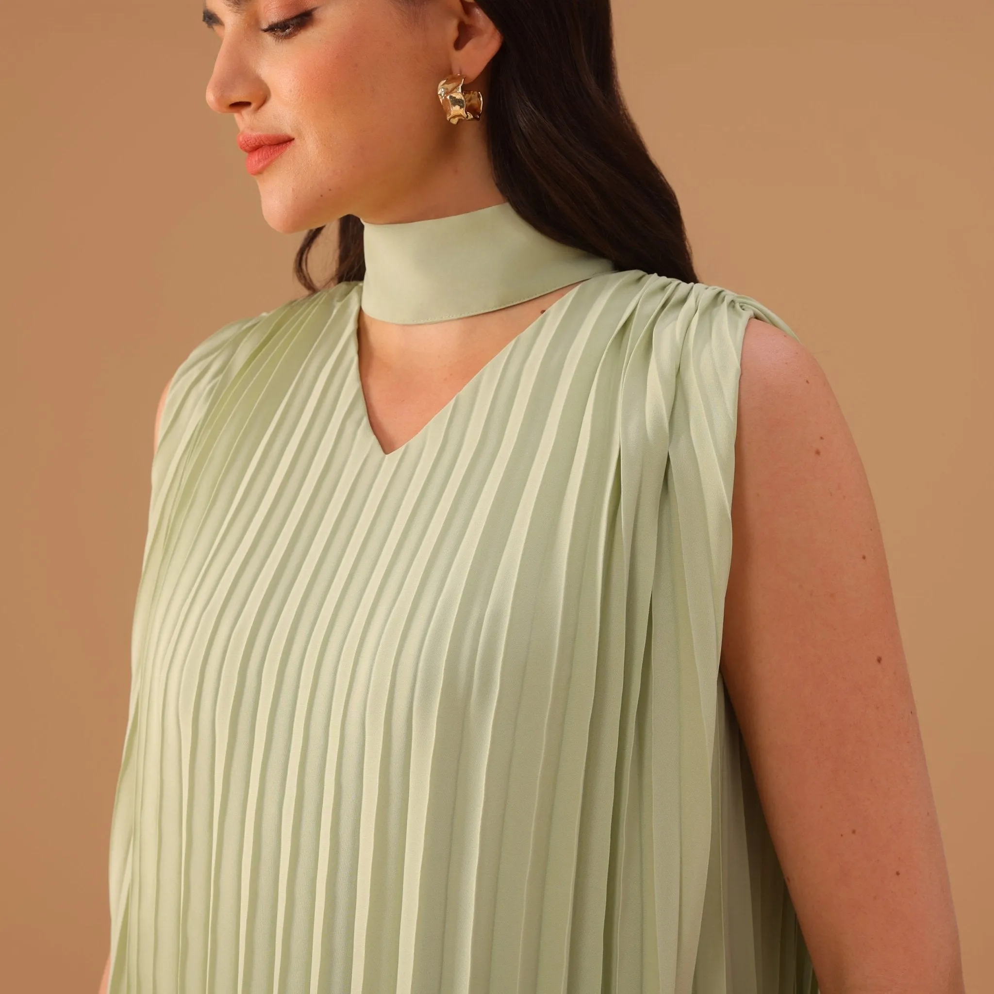 Mint Green Sleeveless Chiffon Pleated Dress