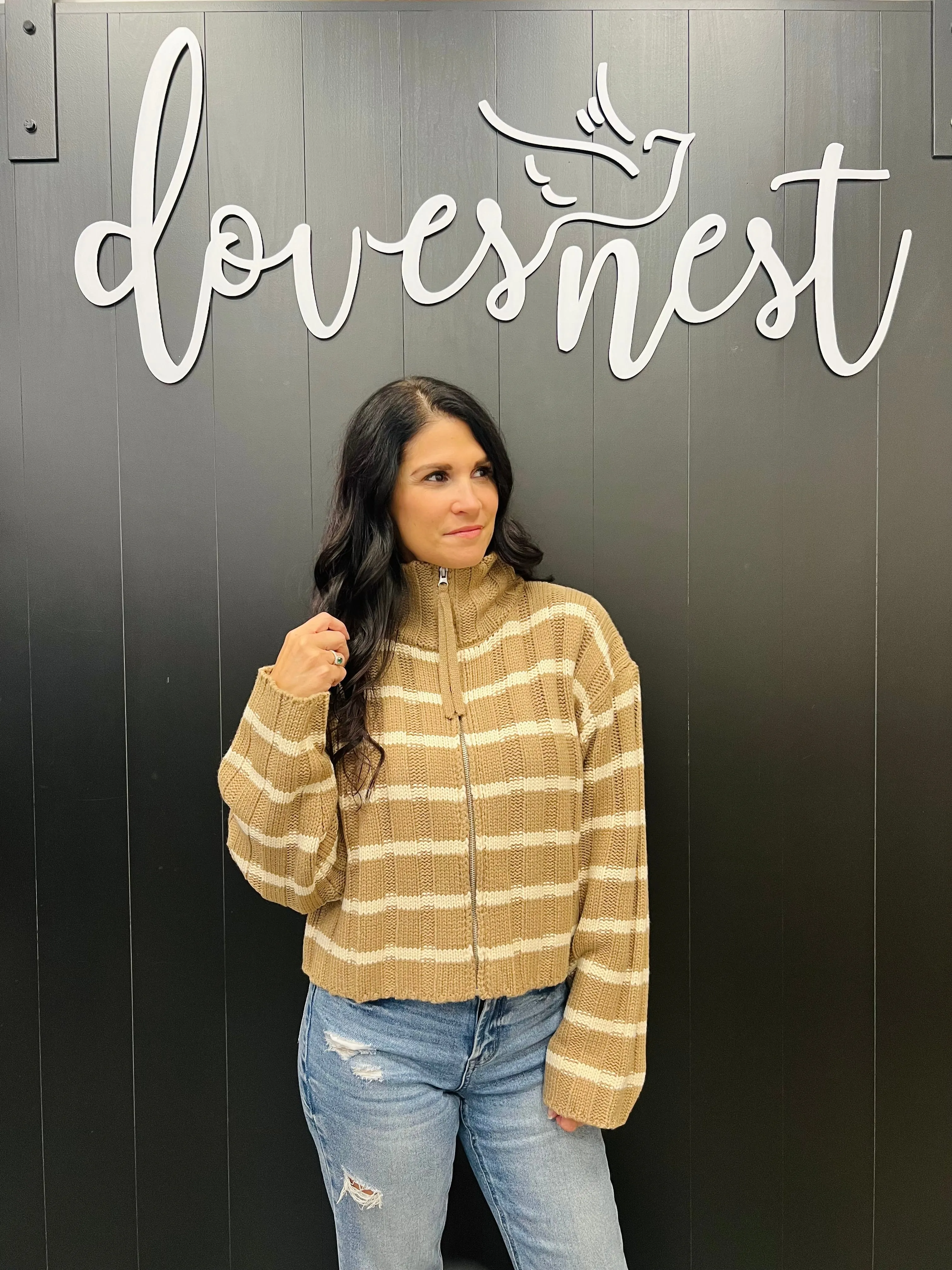 Mock Zipper Cardi - Mocha