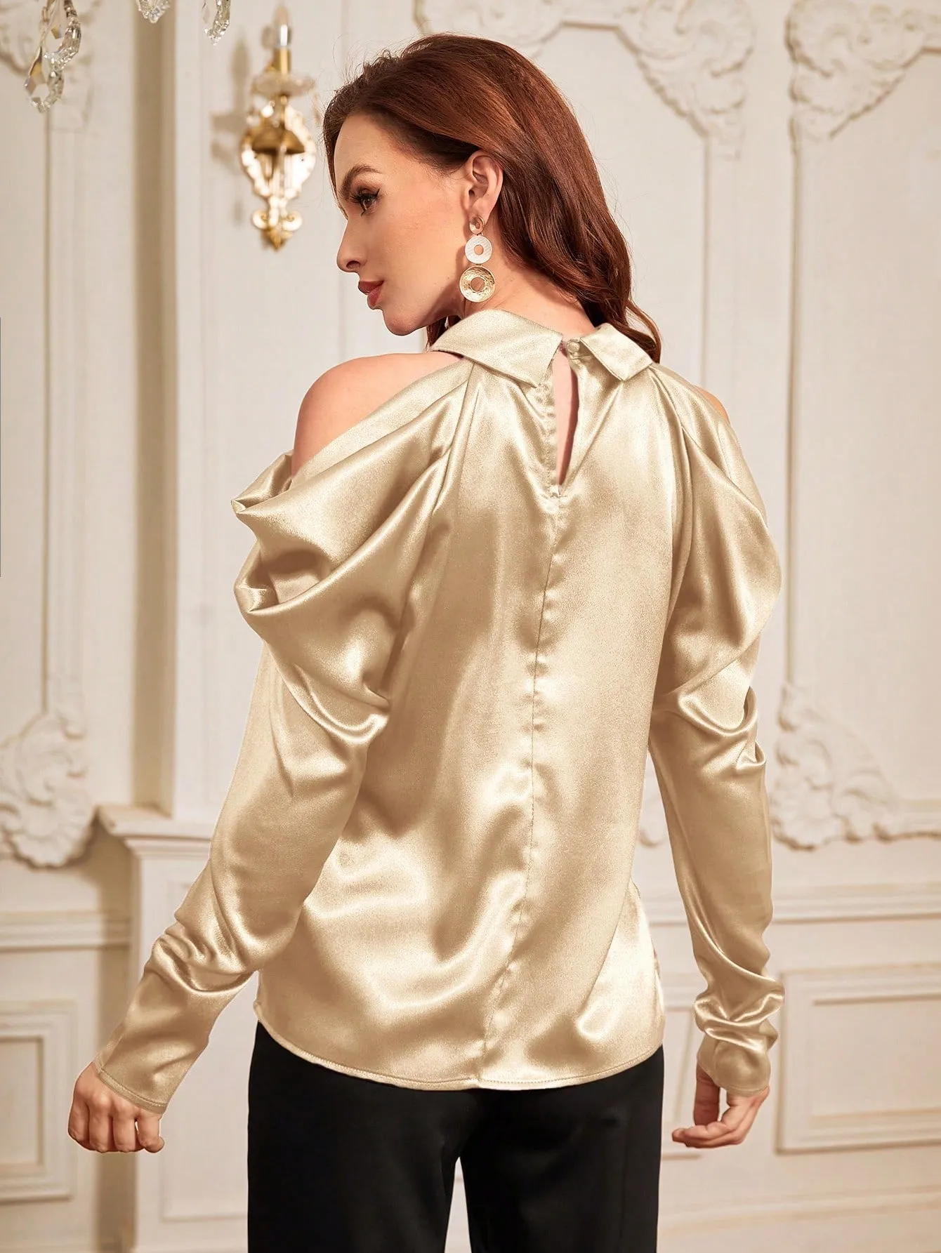 Modely Women's Cold Shoulder Shirt With Rhinestone Decoration