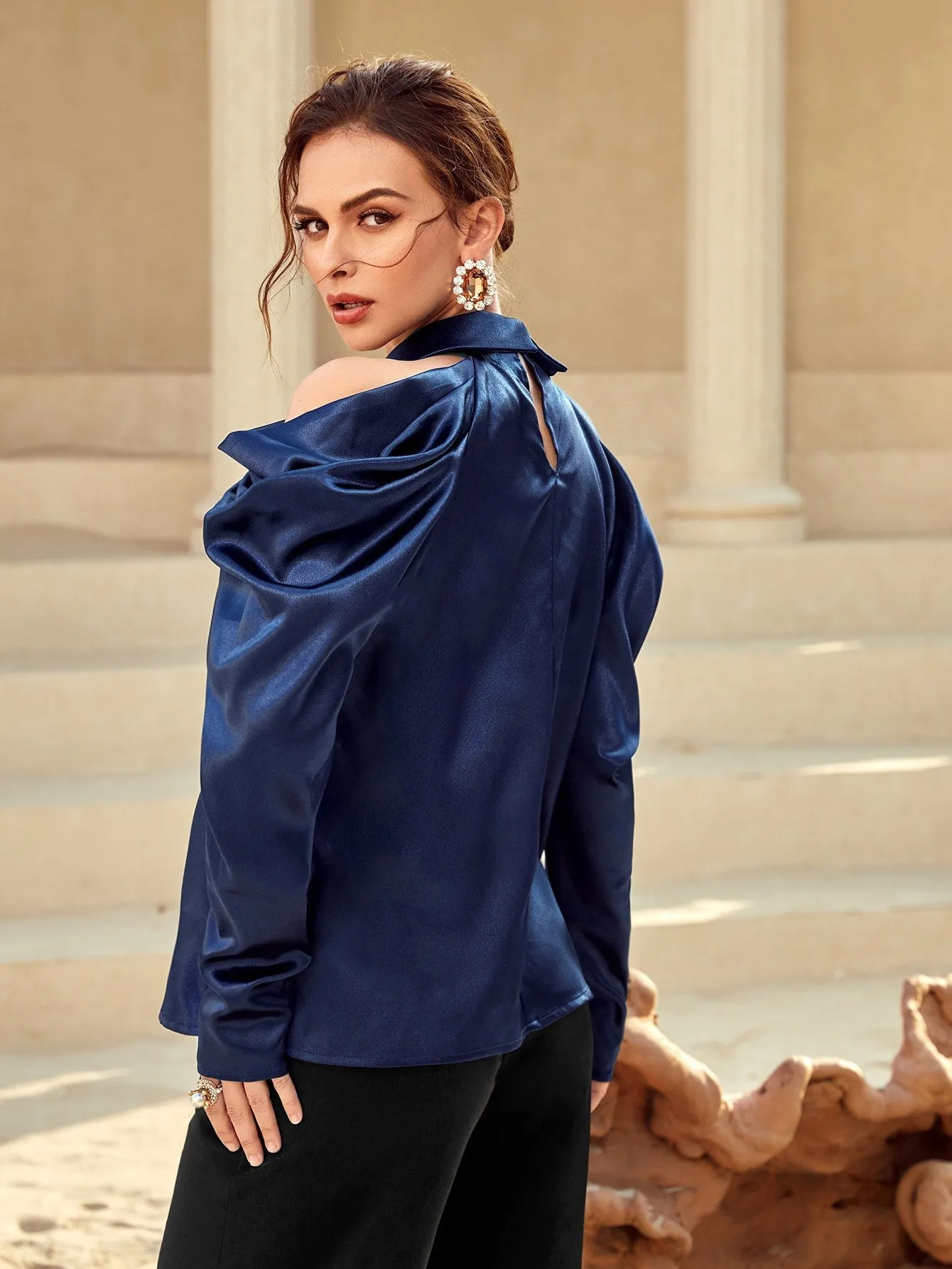 Modely Women's Cold Shoulder Shirt With Rhinestone Decoration