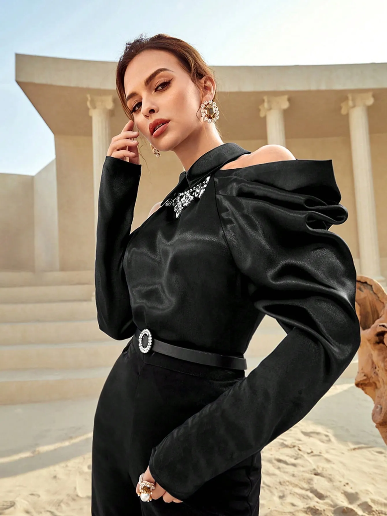 Modely Women's Cold Shoulder Shirt With Rhinestone Decoration