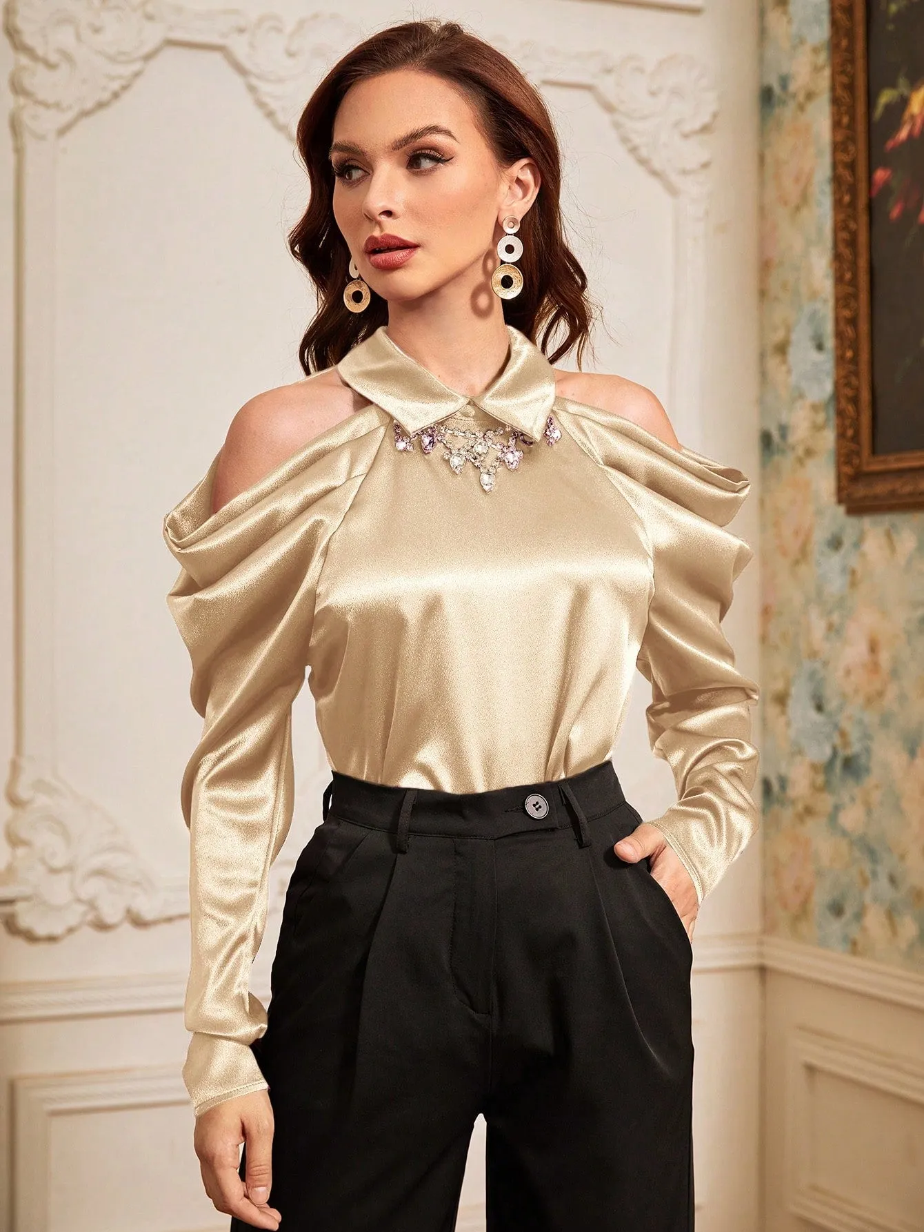 Modely Women's Cold Shoulder Shirt With Rhinestone Decoration