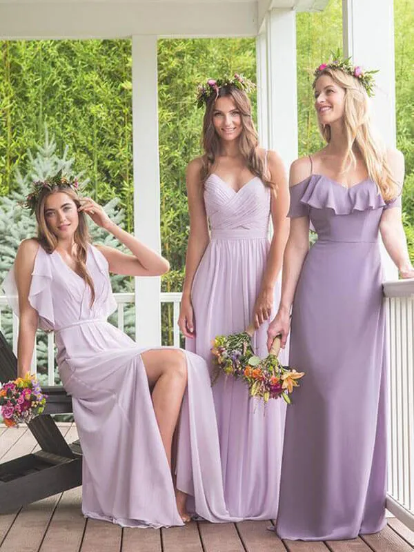 Modest Purple A-line Chiffon Mismatched Long Bridesmaid Dresses, MBD247