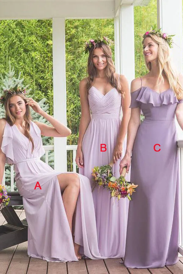 Modest Purple A-line Chiffon Mismatched Long Bridesmaid Dresses, MBD247