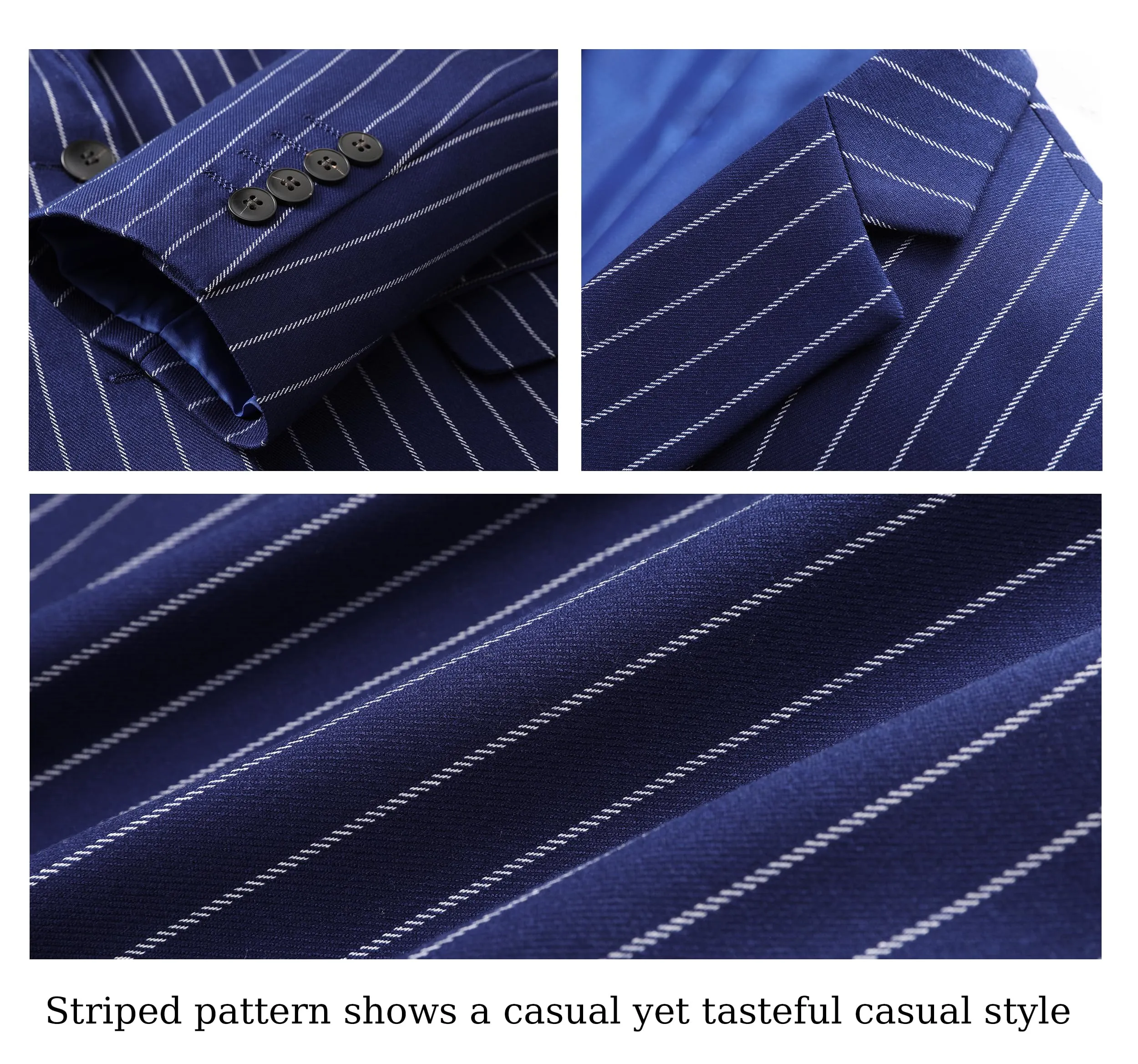 MOGU Mens 3 Piece Pinstripe Suit Slim Fit Double Vents Tuxedo Jacket Vest & Pants Casual Dress Set