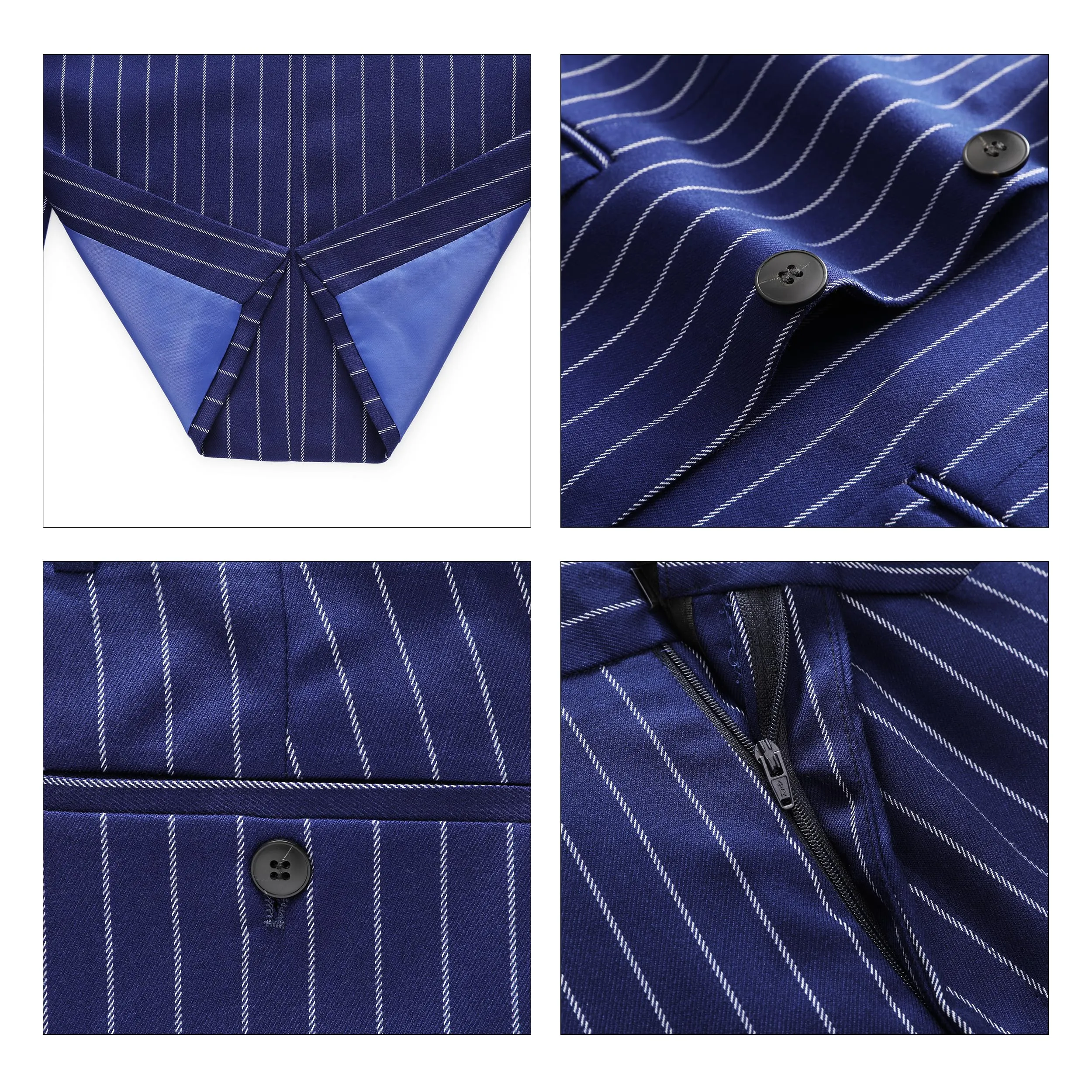 MOGU Mens 3 Piece Pinstripe Suit Slim Fit Double Vents Tuxedo Jacket Vest & Pants Casual Dress Set