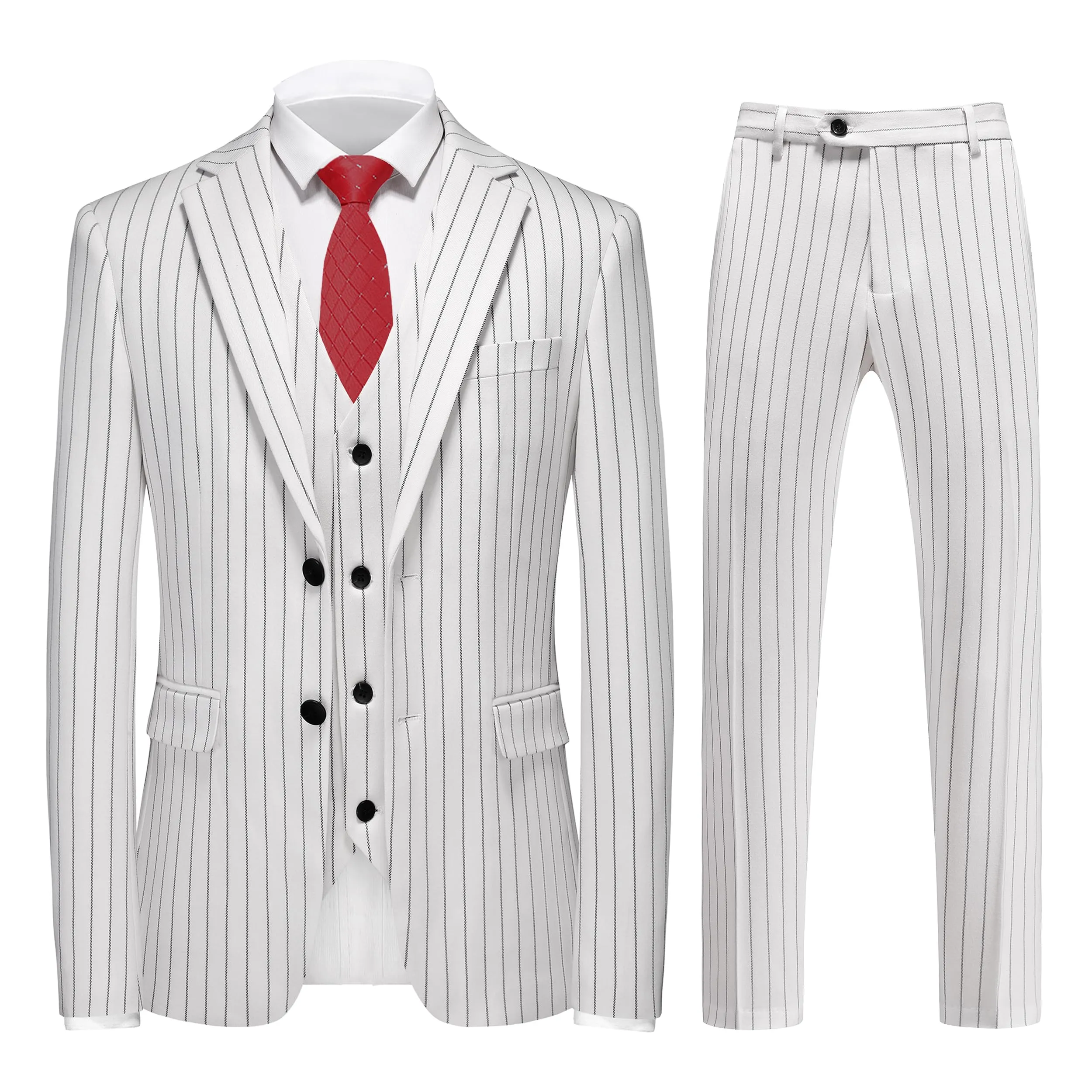 MOGU Mens 3 Piece Pinstripe Suit Slim Fit Double Vents Tuxedo Jacket Vest & Pants Casual Dress Set