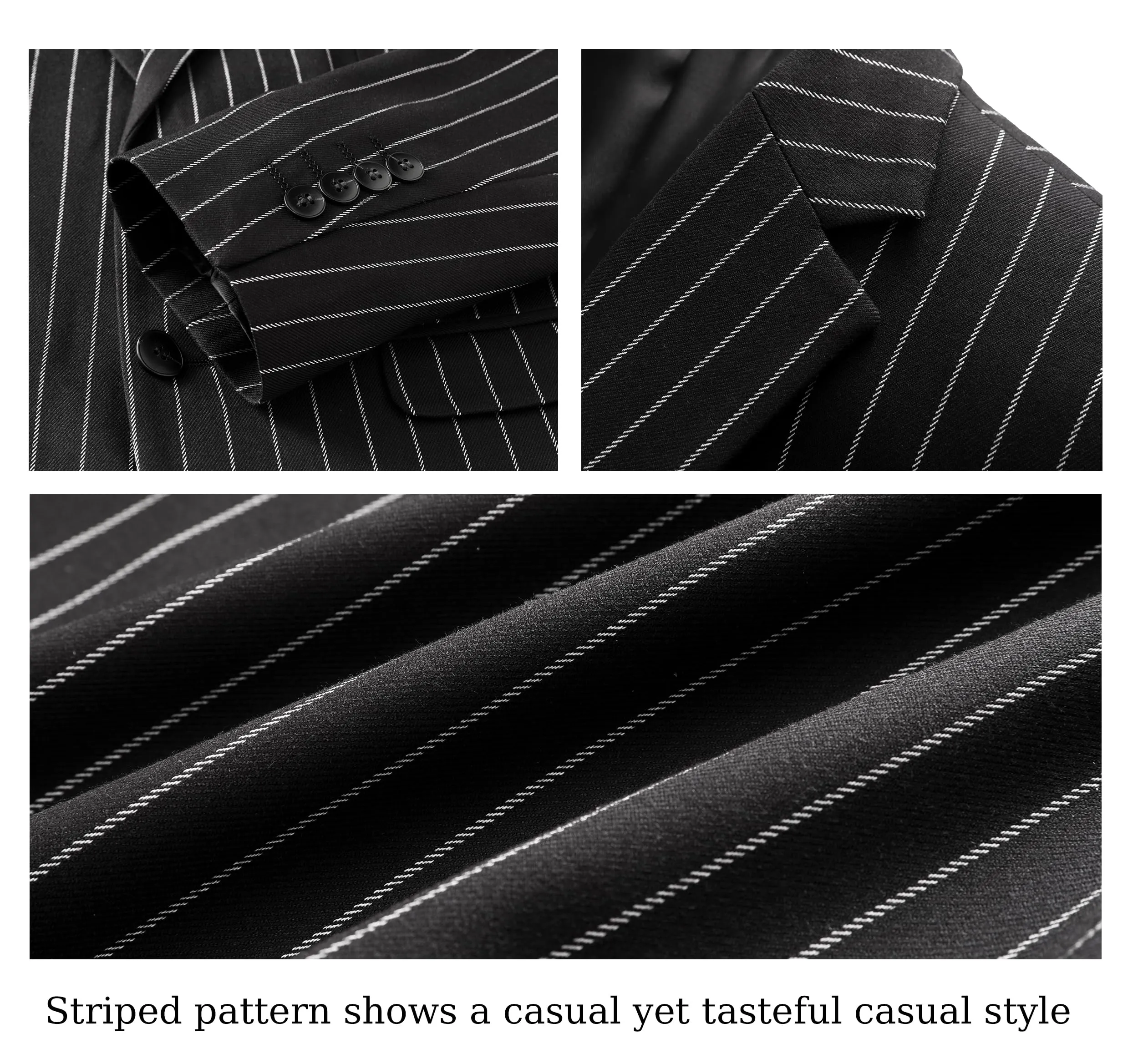 MOGU Mens 3 Piece Pinstripe Suit Slim Fit Double Vents Tuxedo Jacket Vest & Pants Casual Dress Set