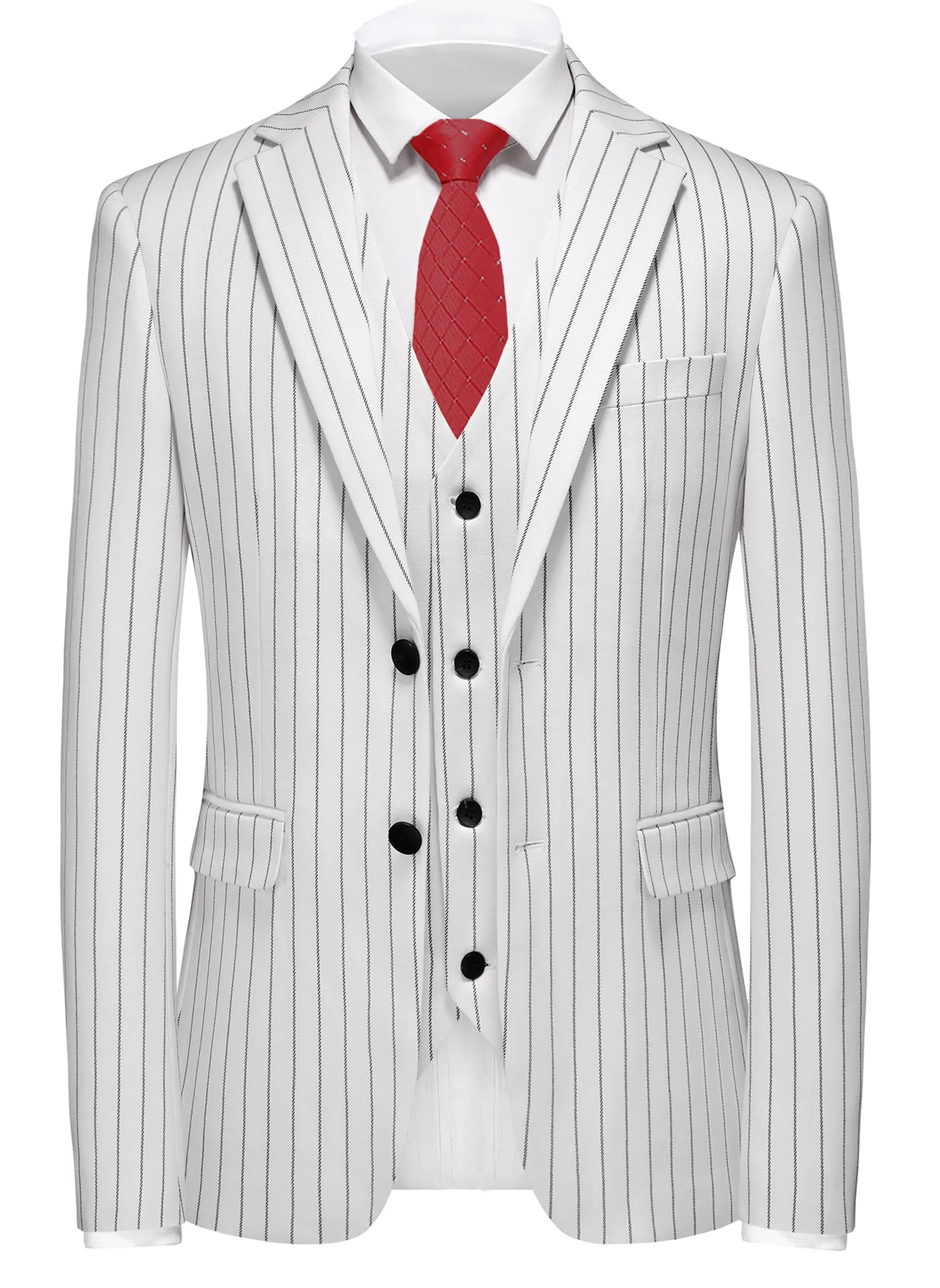 MOGU Mens 3 Piece Pinstripe Suit Slim Fit Double Vents Tuxedo Jacket Vest & Pants Casual Dress Set