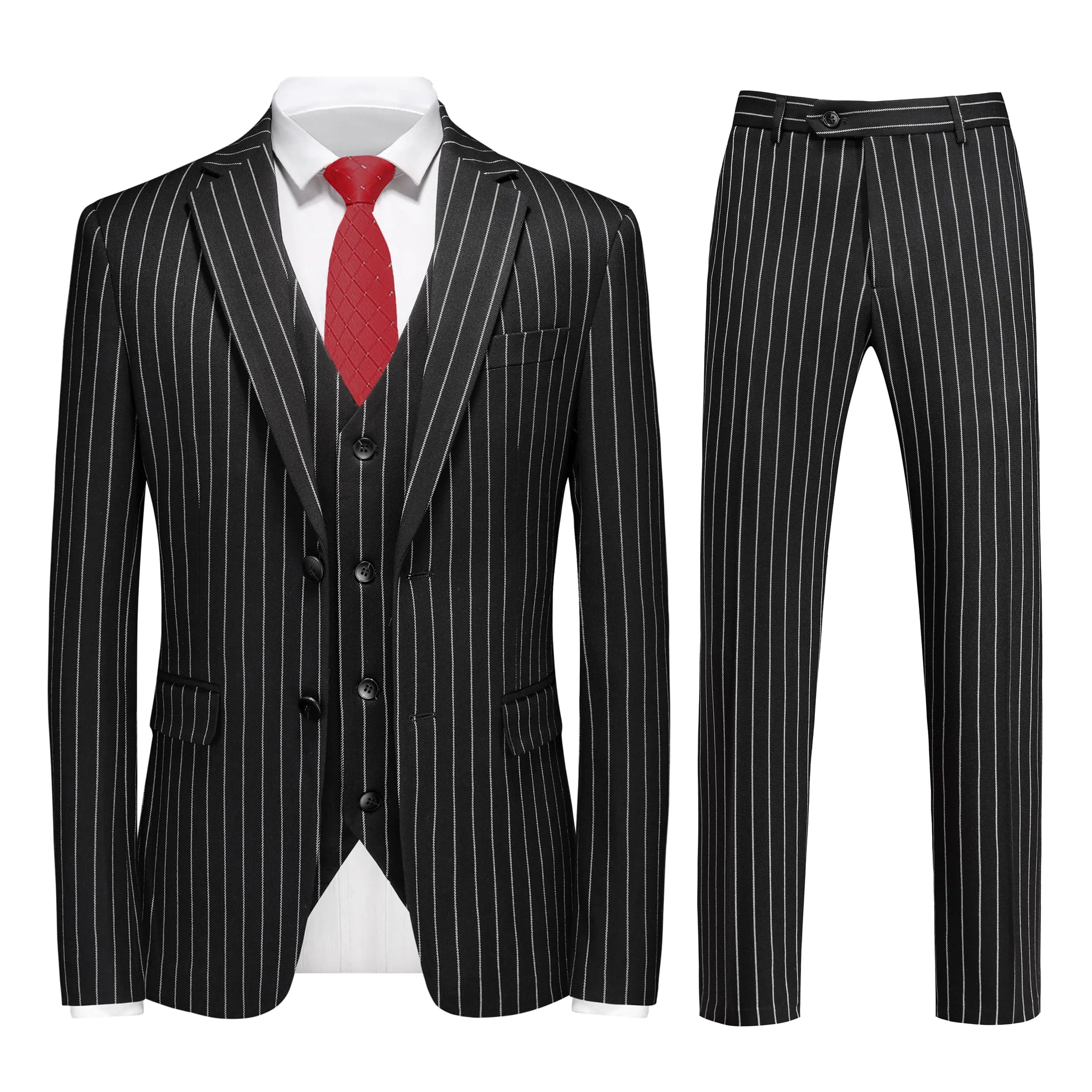 MOGU Mens 3 Piece Pinstripe Suit Slim Fit Double Vents Tuxedo Jacket Vest & Pants Casual Dress Set