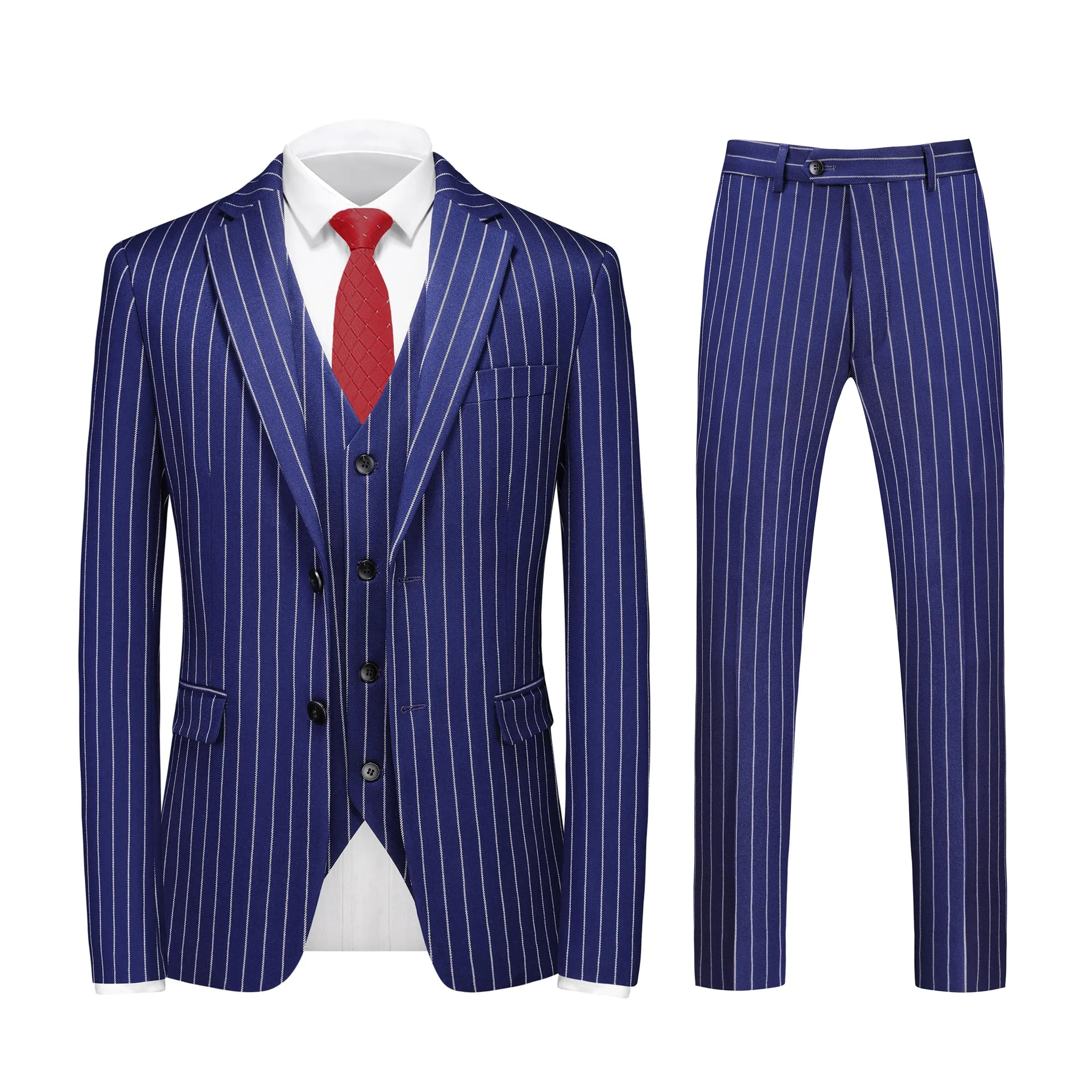 MOGU Mens 3 Piece Pinstripe Suit Slim Fit Double Vents Tuxedo Jacket Vest & Pants Casual Dress Set
