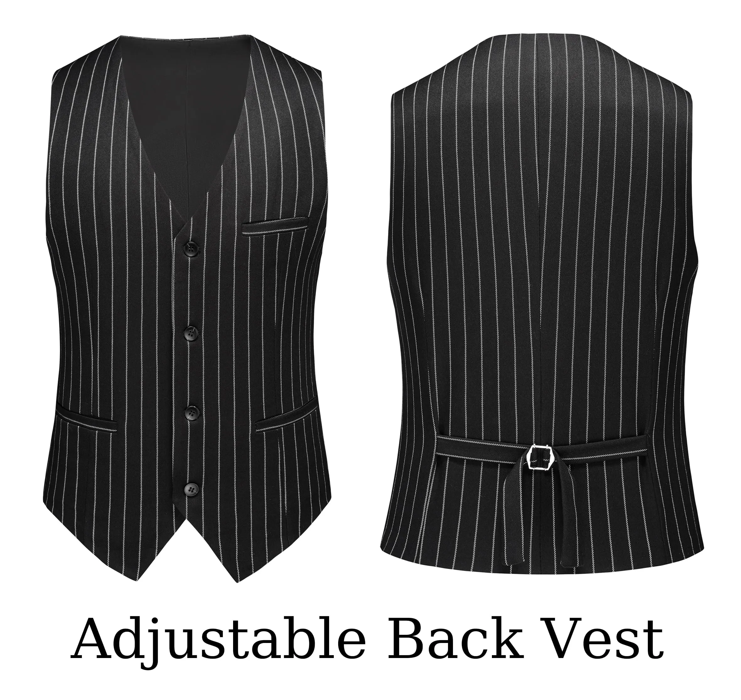 MOGU Mens 3 Piece Pinstripe Suit Slim Fit Double Vents Tuxedo Jacket Vest & Pants Casual Dress Set