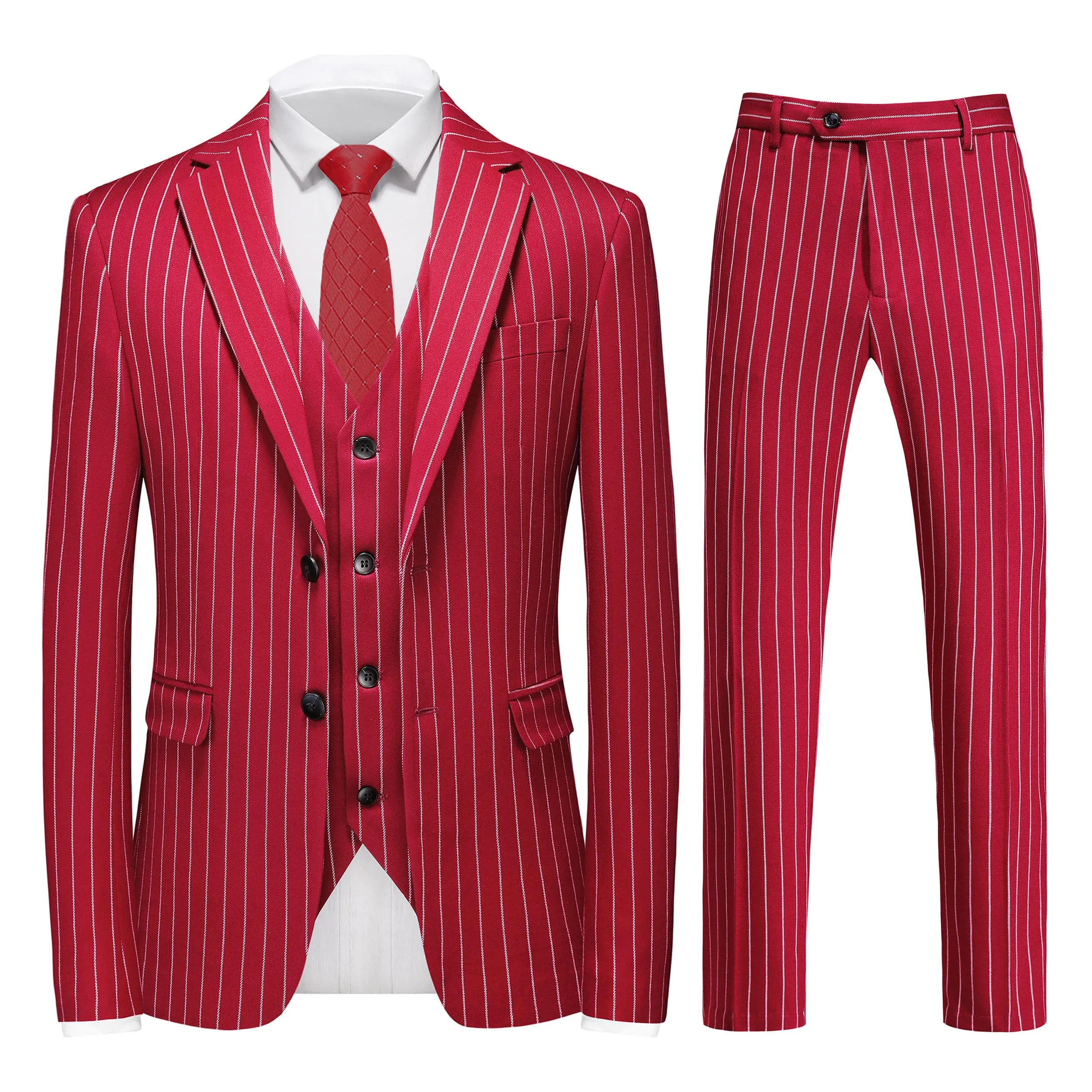 MOGU Mens 3 Piece Pinstripe Suit Slim Fit Double Vents Tuxedo Jacket Vest & Pants Casual Dress Set