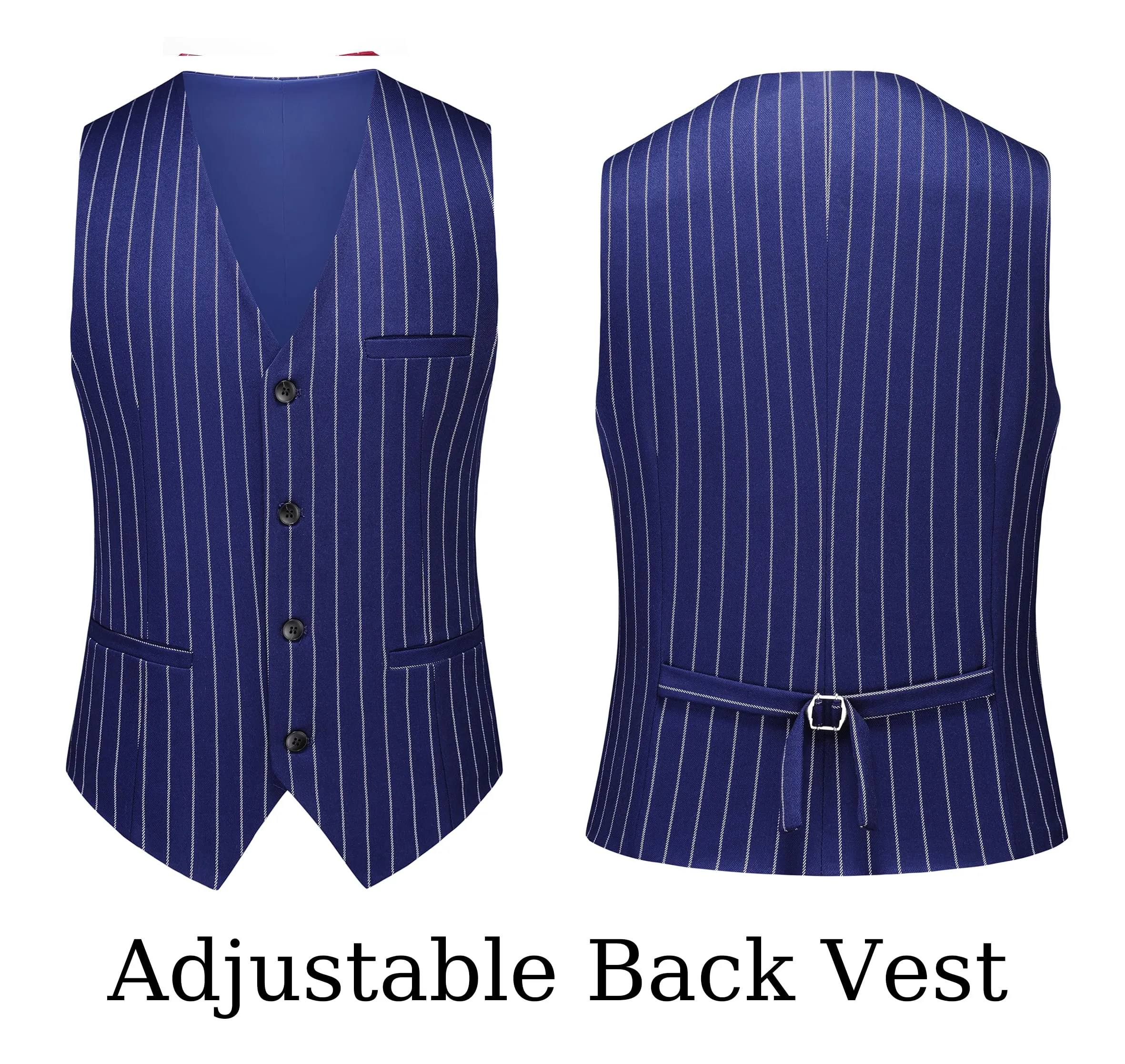 MOGU Mens 3 Piece Pinstripe Suit Slim Fit Double Vents Tuxedo Jacket Vest & Pants Casual Dress Set