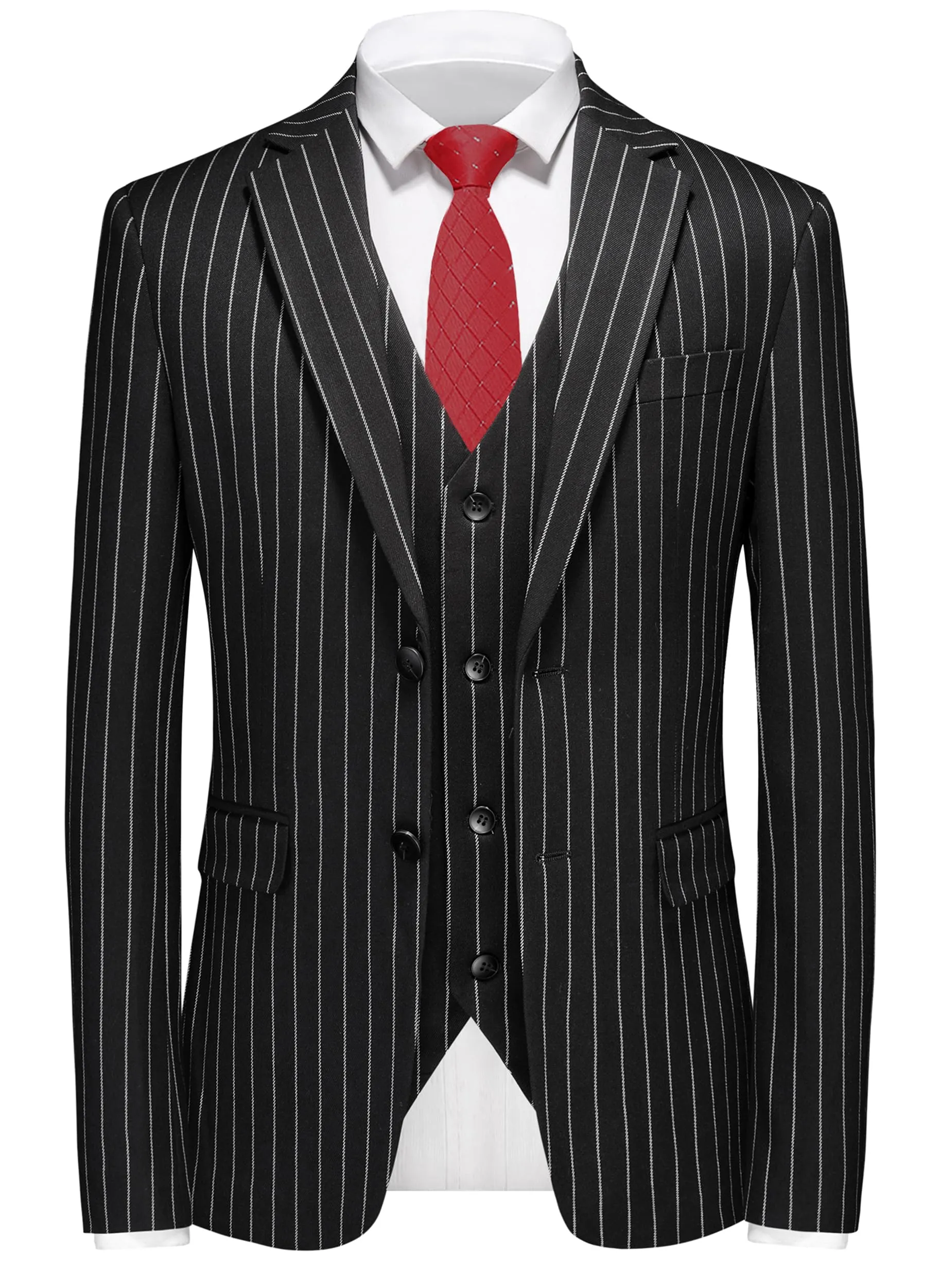 MOGU Mens 3 Piece Pinstripe Suit Slim Fit Double Vents Tuxedo Jacket Vest & Pants Casual Dress Set