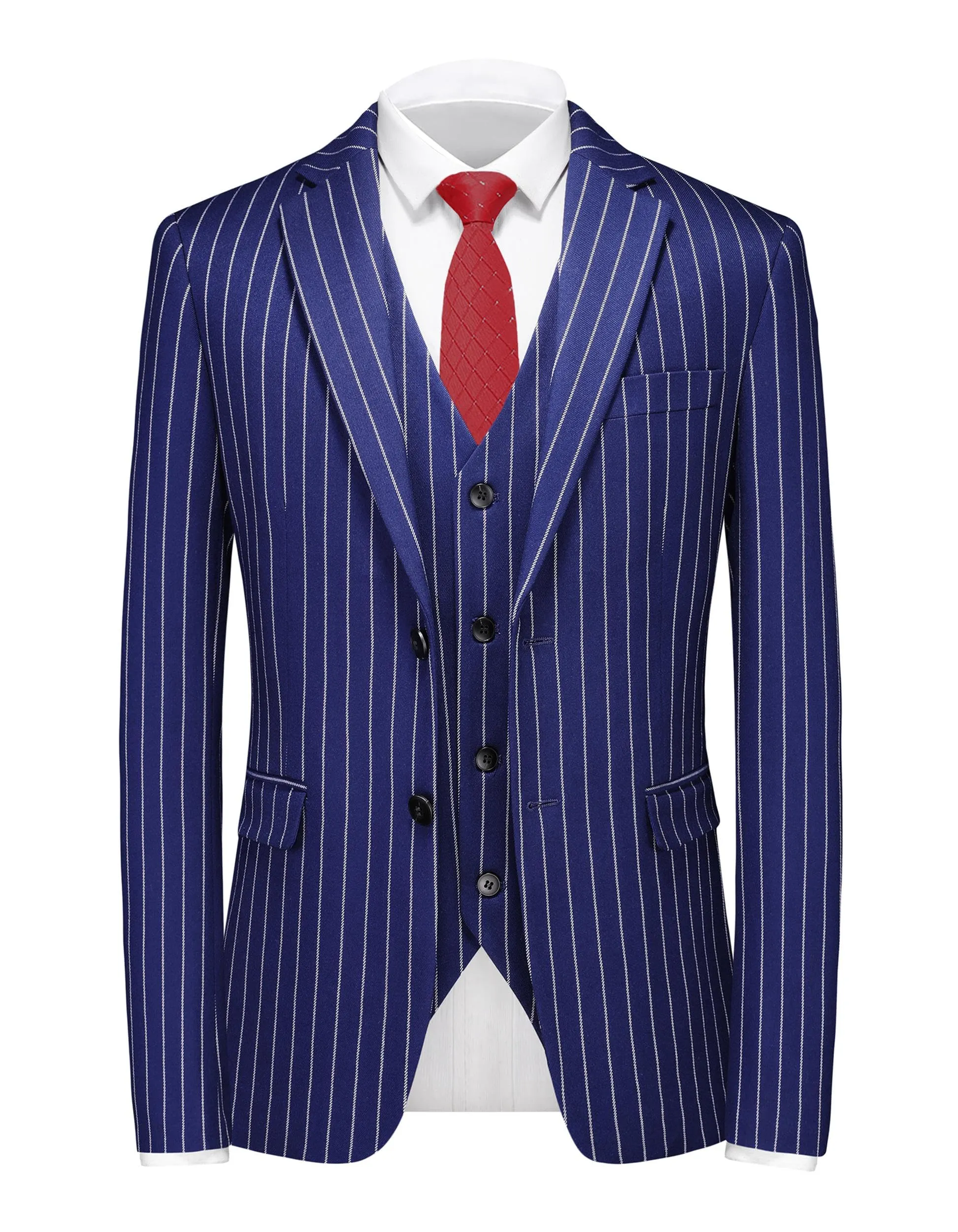 MOGU Mens 3 Piece Pinstripe Suit Slim Fit Double Vents Tuxedo Jacket Vest & Pants Casual Dress Set