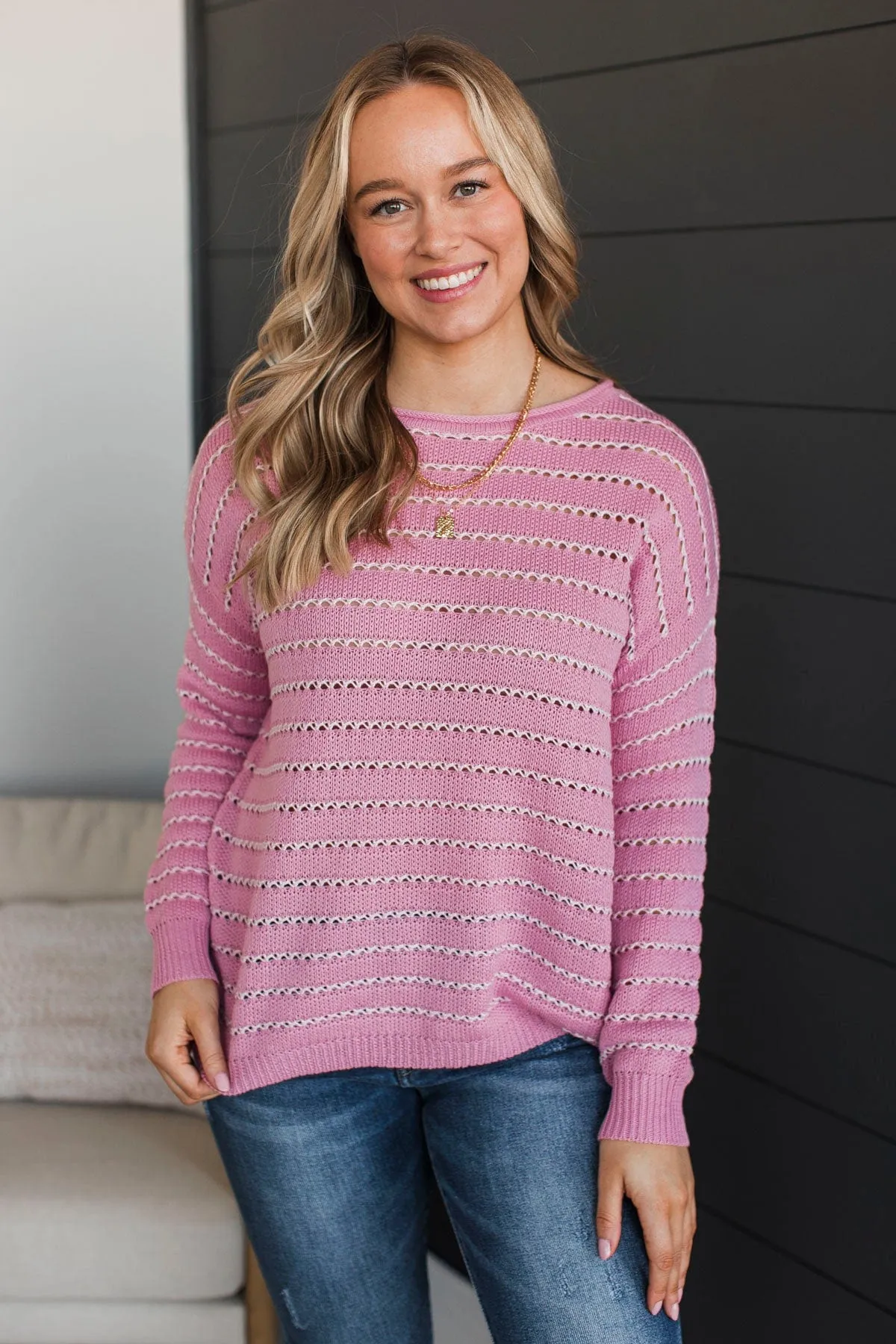 Moments of Kindness Striped Knit Sweater- Pink