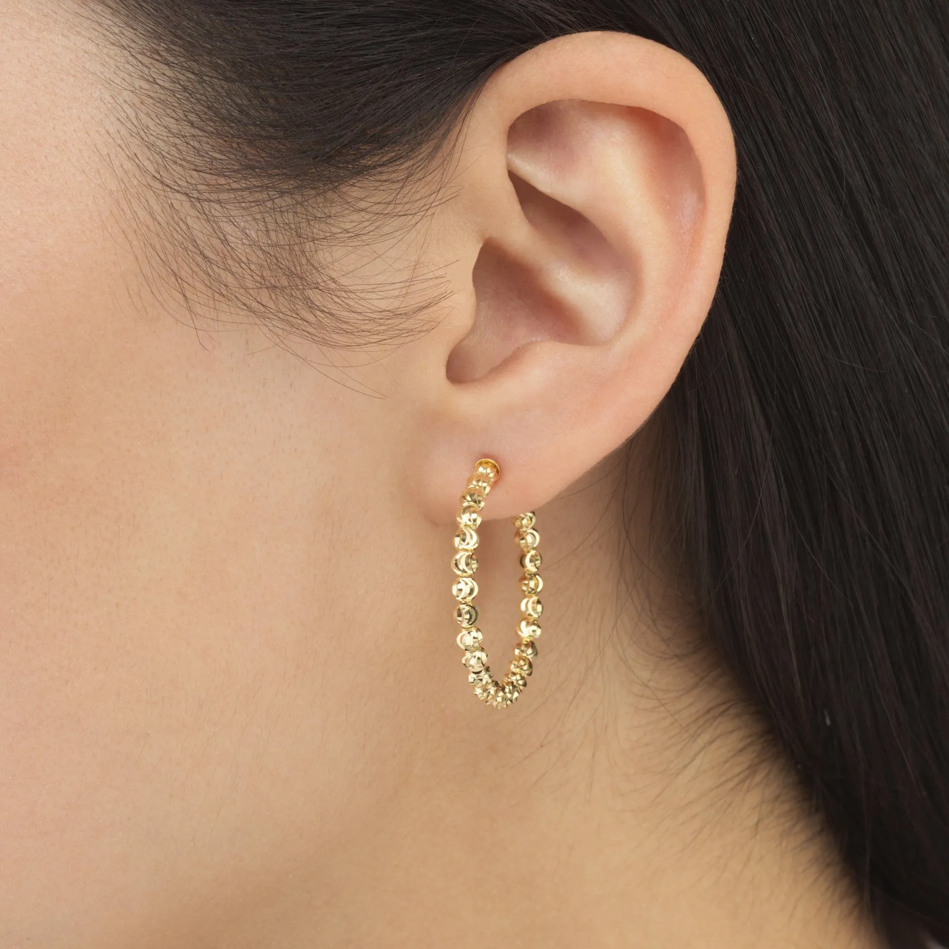 Moon Cut Beaded Hoop Earring 14K