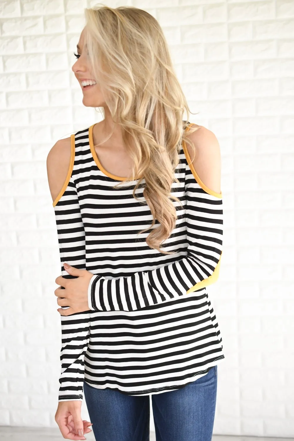 Mustard & Stripes Cold Shoulder Top