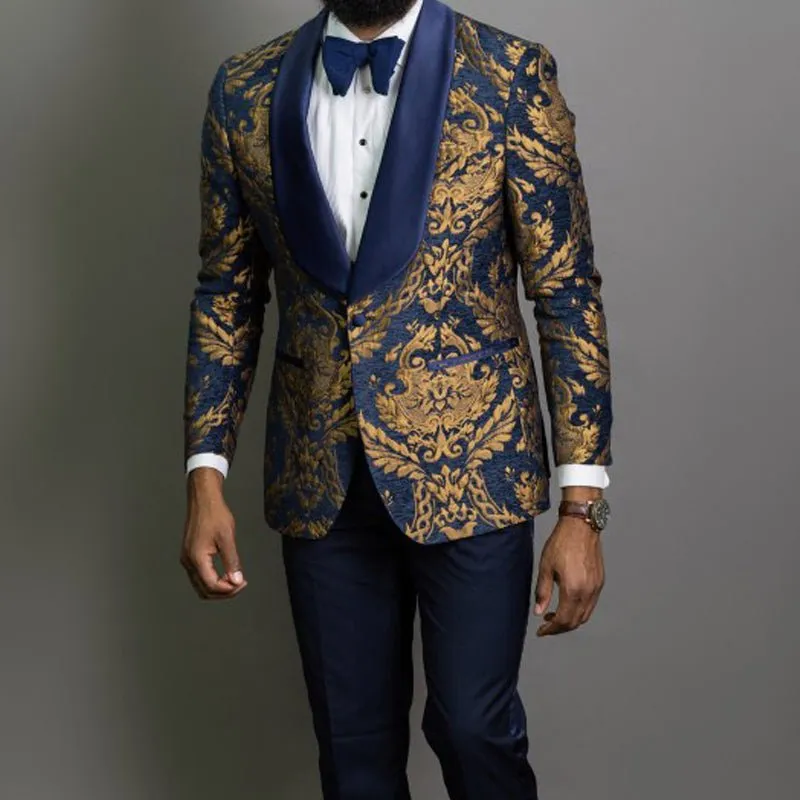 Navy Blue Floral Jacquard Prom Men Suits for Wedding
