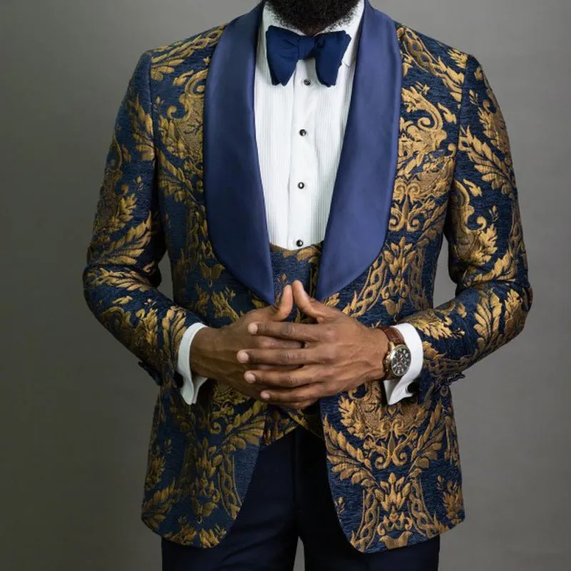 Navy Blue Floral Jacquard Prom Men Suits for Wedding
