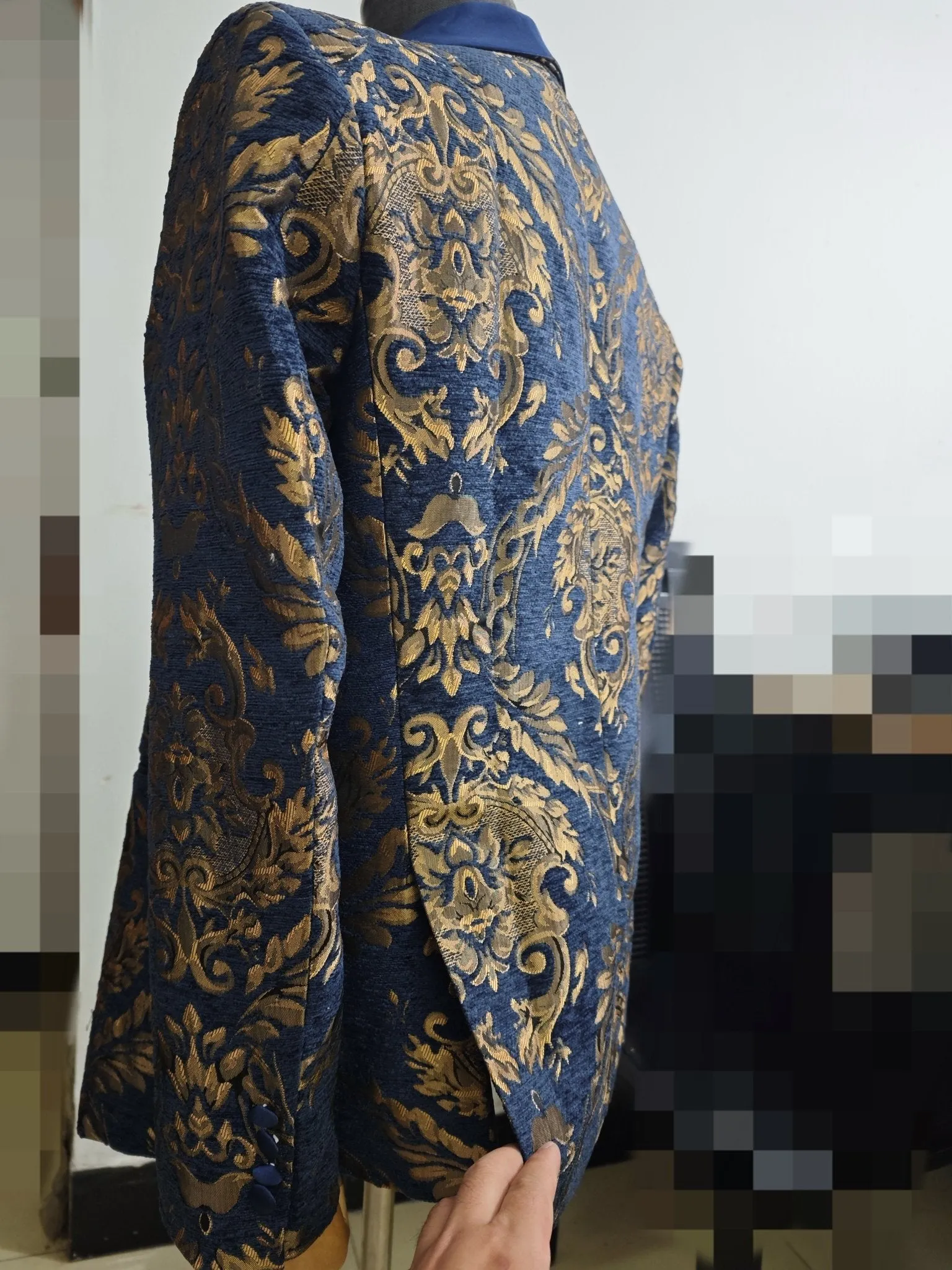 Navy Blue Floral Jacquard Prom Men Suits for Wedding