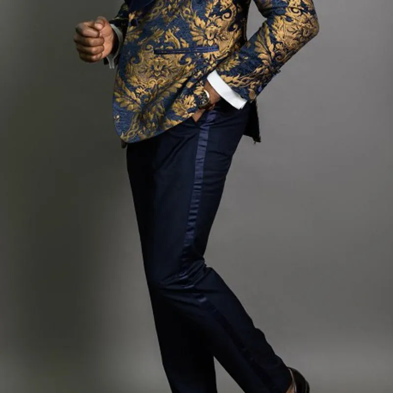 Navy Blue Floral Jacquard Prom Men Suits for Wedding