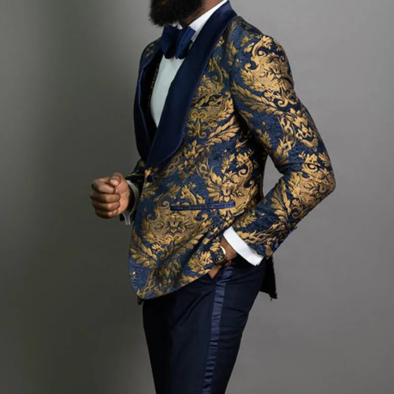 Navy Blue Floral Jacquard Prom Men Suits for Wedding