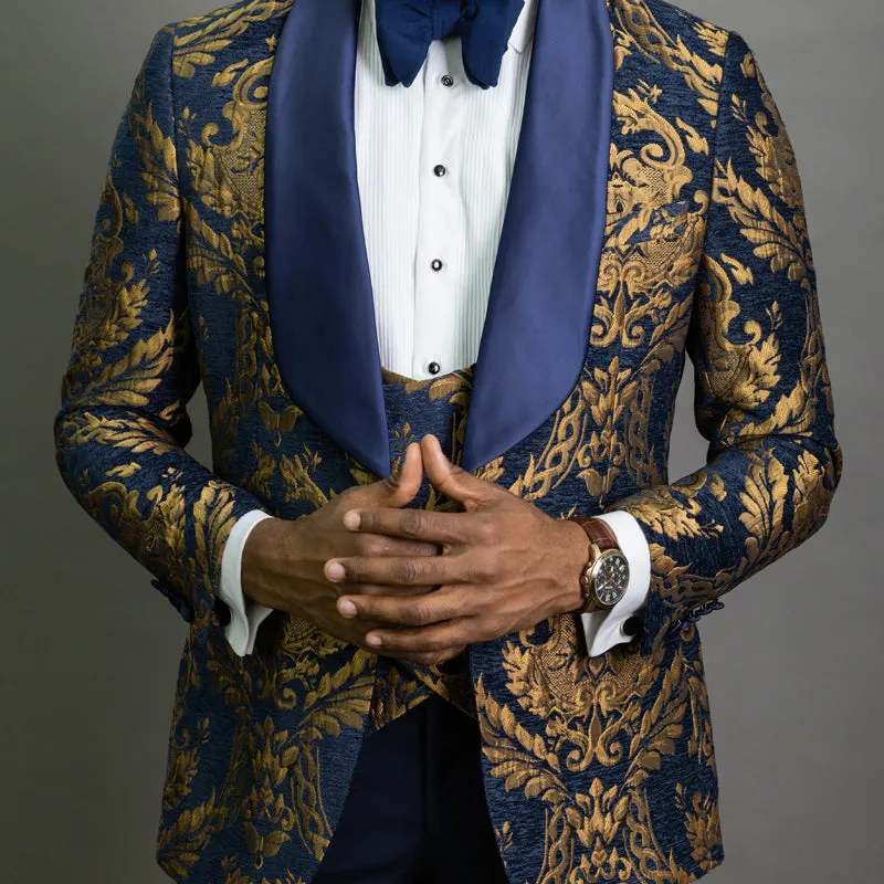 Navy Blue Floral Jacquard Prom Men Suits for Wedding