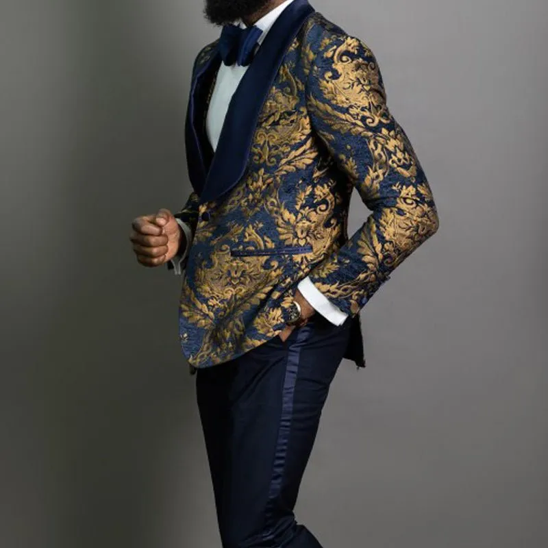 Navy Blue Floral Jacquard Prom Men Suits for Wedding